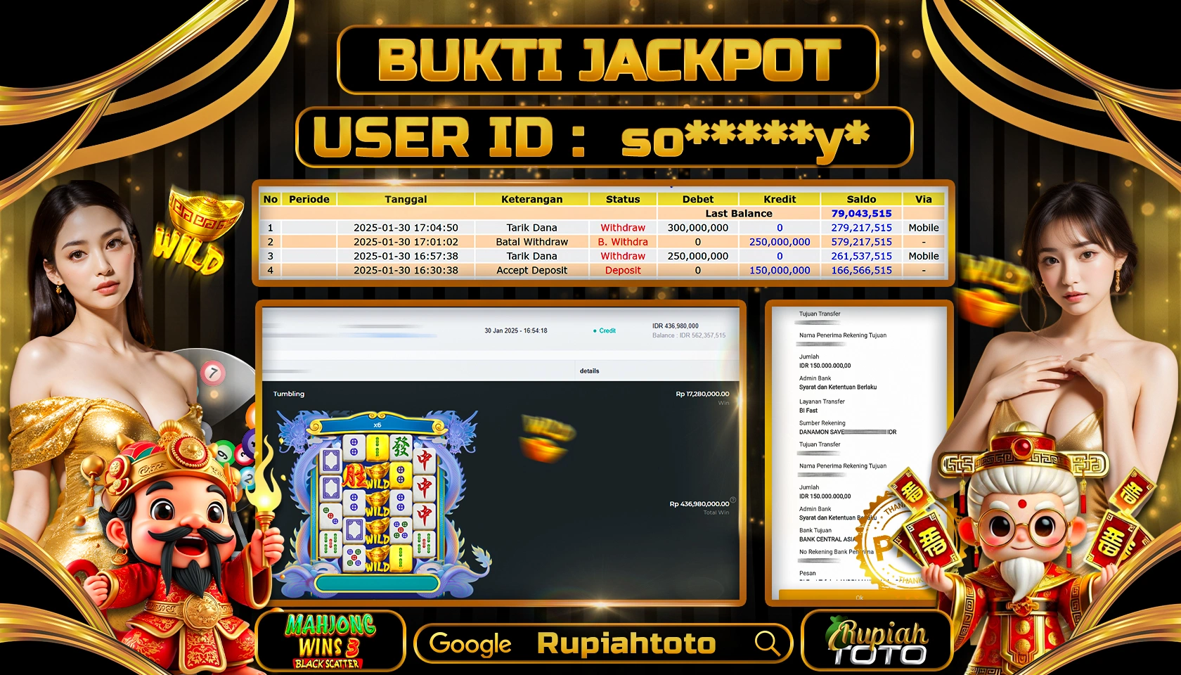 RUPIAHTOTO JACKPOT SLOT GAMES MAHJONG WINS 3 BLACK SCATTER RP 150.000.000 RATUS JUTA LUNAS