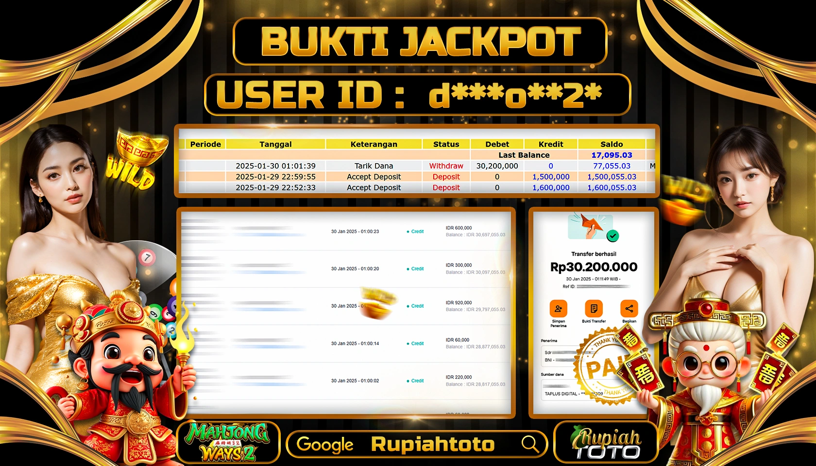 RUPIAHTOTO JACKPOT SLOT GAMES MAHJONG WAYS 2 RP 30.200.000 JUTA LUNAS