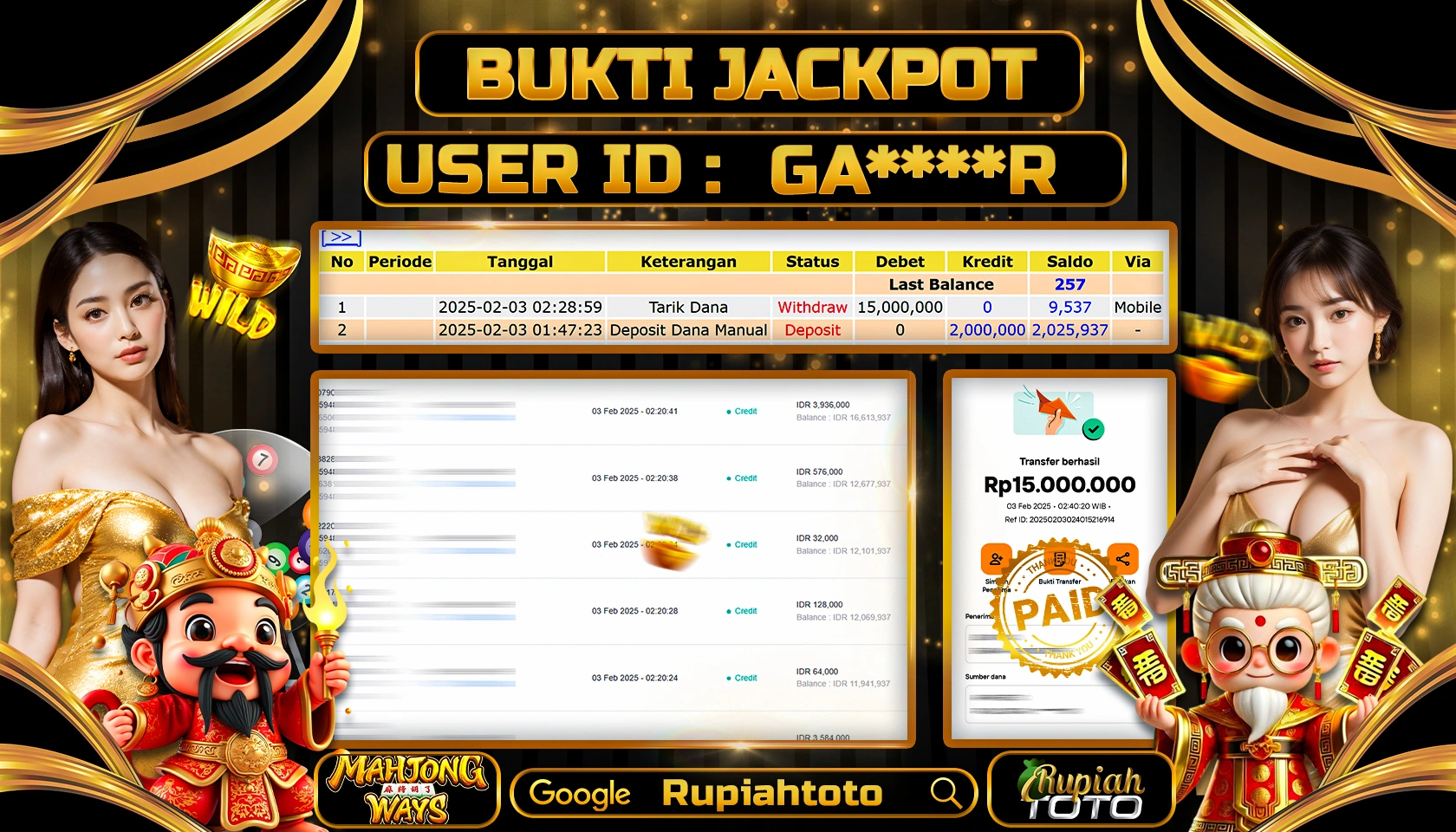RUPIAHTOTO JACKPOT SLOT GAMES MAHJONG WAYS 1 RP 15.000.000 JUTA LUNAS