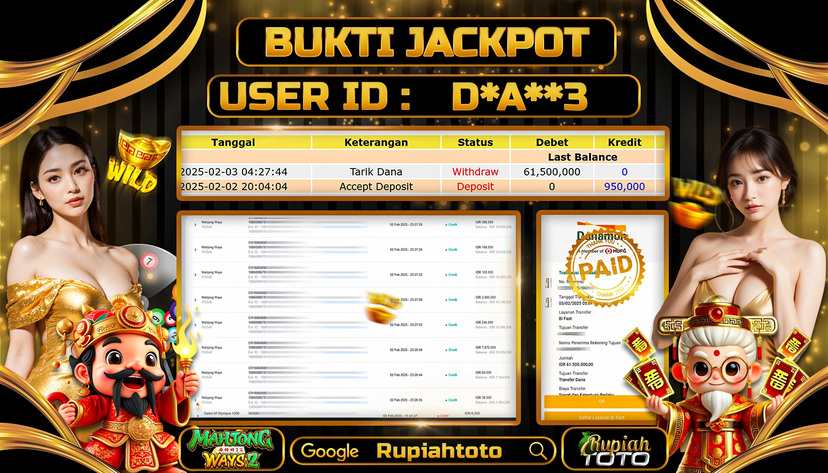 RUPIAHTOTO JACKPOT SLOT GAMES MAHJONG WAYS 2 RP 61.500.000 JUTA LUNAS