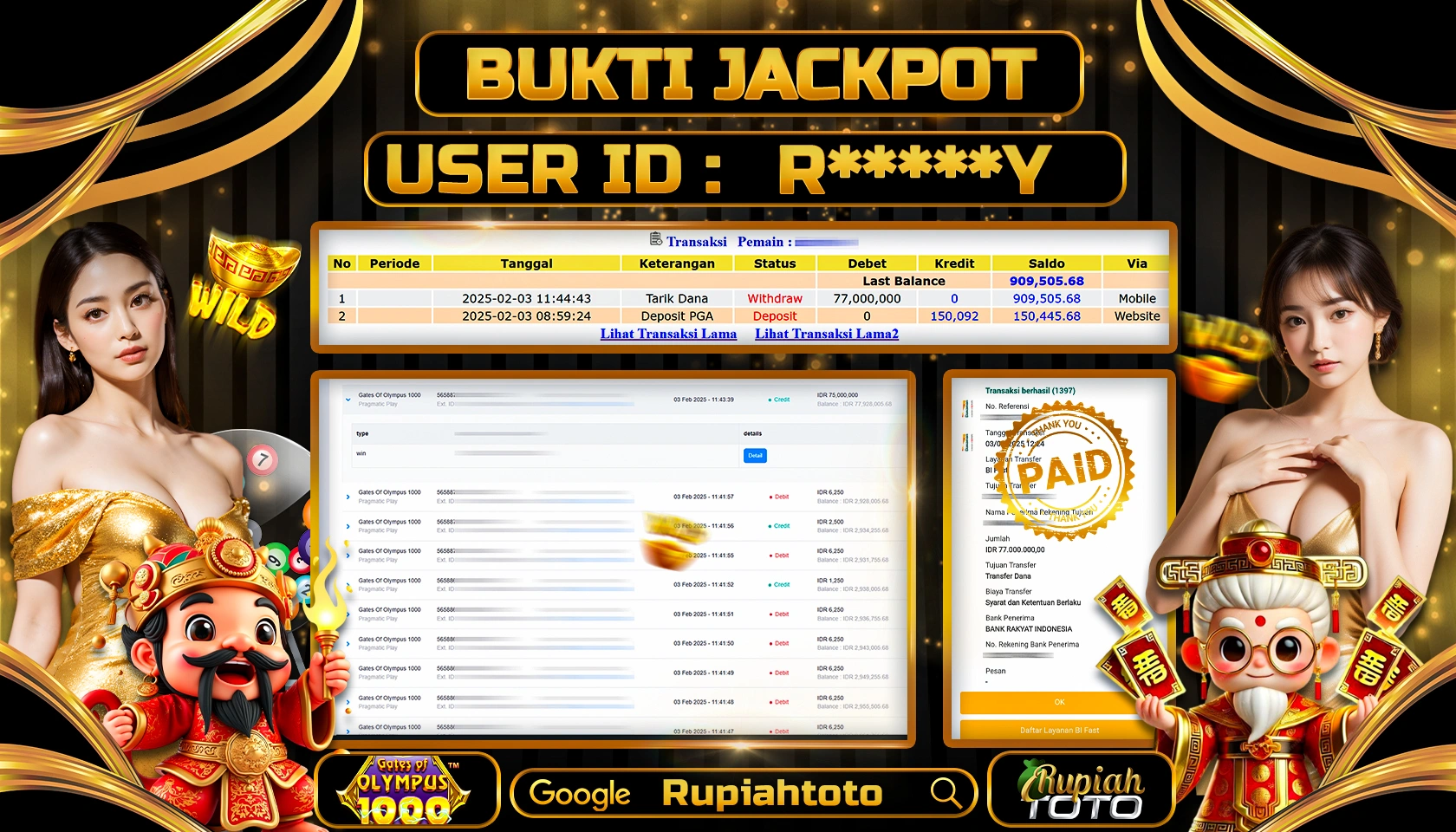 RUPIAHTOTO JACKPOT SLOT GAMES GATES OF OLYMPUS 1000 RP 77.000.000 JUTA LUNAS