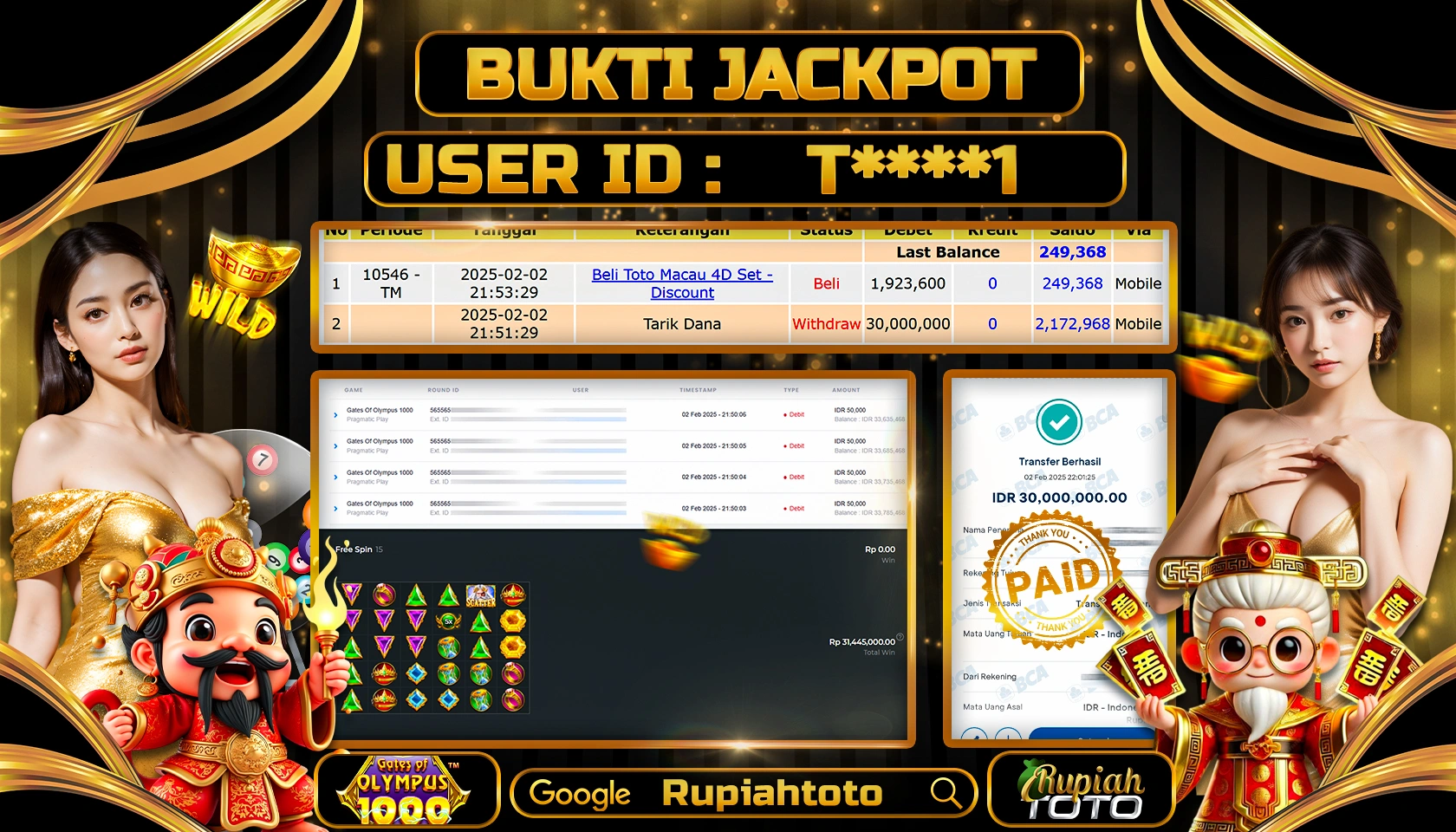 RUPIAHTOTO JACKPOT SLOT GAMES GATES OF OLYMPUS 1000 RP 30.000.000 JUTA LUNAS