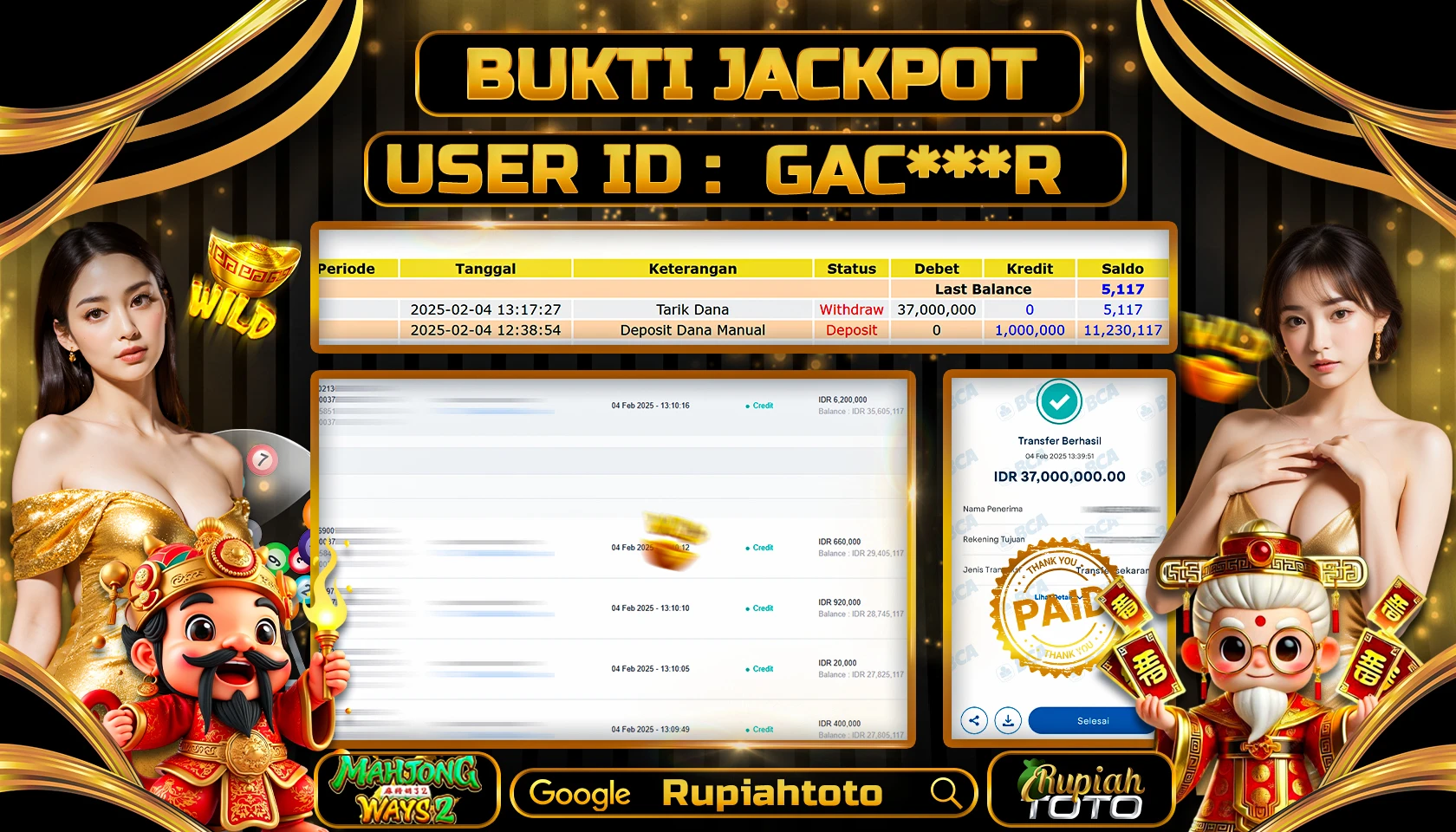 RUPIAHTOTO JACKPOT SLOT GAMES MAHJONG WAYS 2 RP 37.000.000 JUTA LUNAS