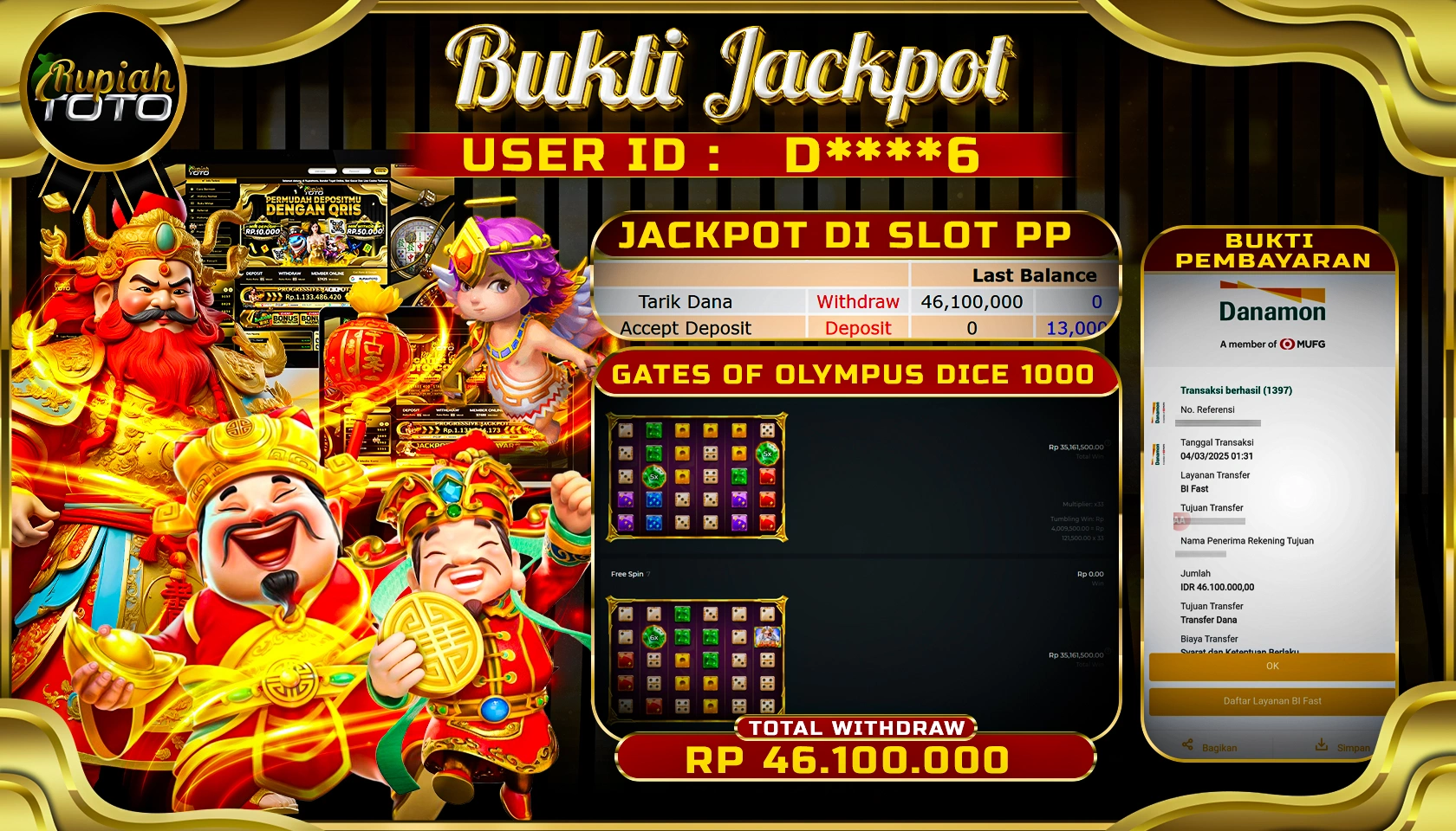 RUPIAHTOTO JACKPOT SLOT PRAGMATIC PLAY GAMES GATES OF OLYMPUS DICE 1000 RP 46.100.000 JUTA LUNAS