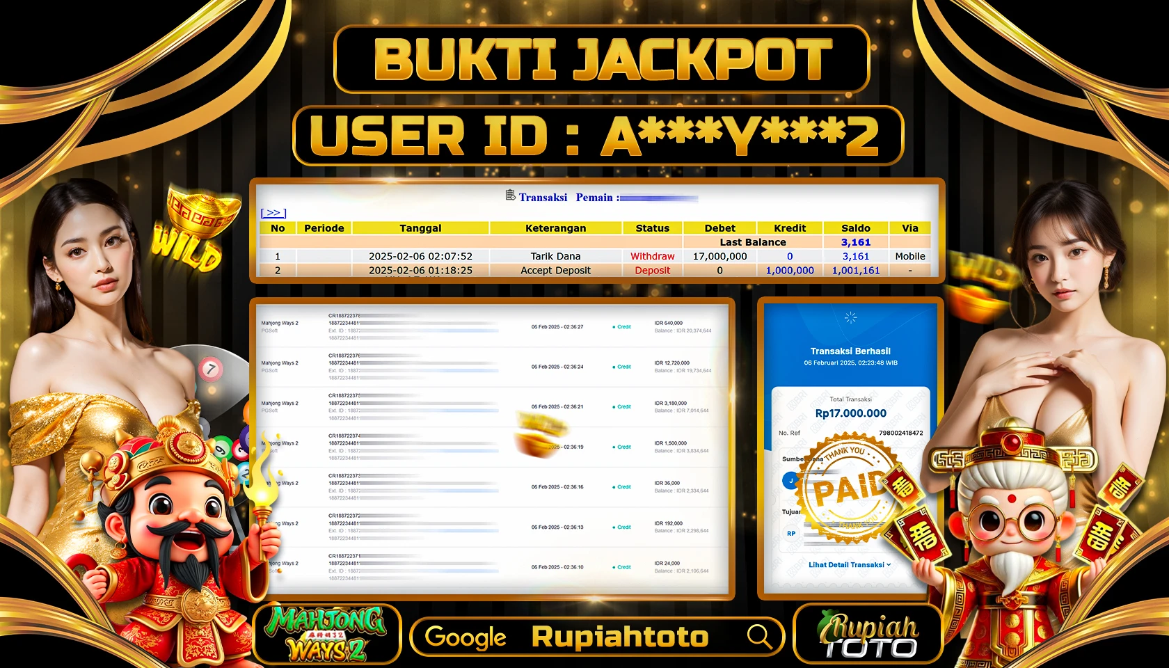 RUPIAHTOTO JACKPOT SLOT GAMES MAHJONG WAYS 2 RP 17.000.000 JUTA LUNAS