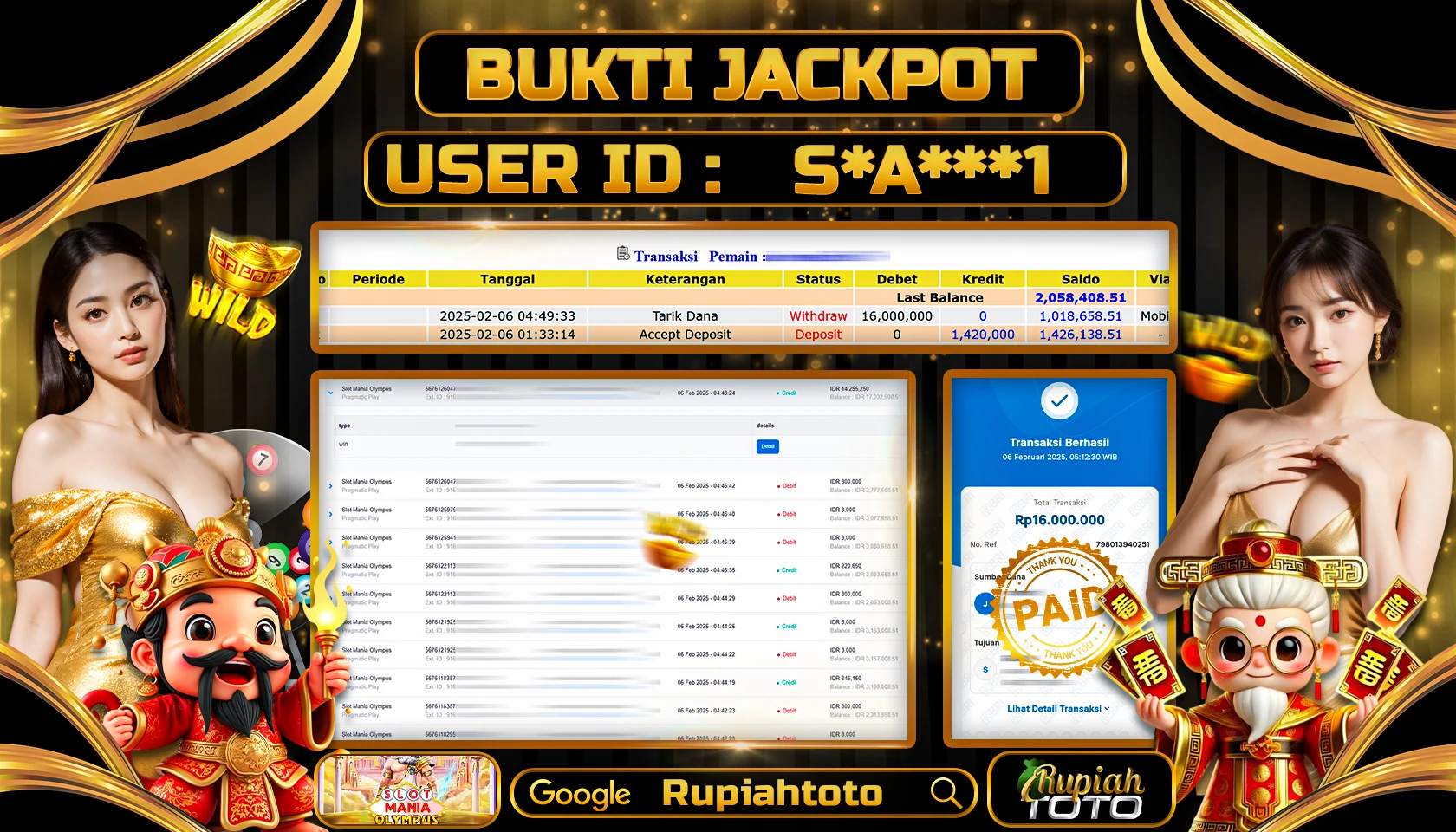 RUPIAHTOTO JACKPOT SLOT GAMES SLOT MANIA OLYMPUS RP 16.000.000 JUTA LUNAS