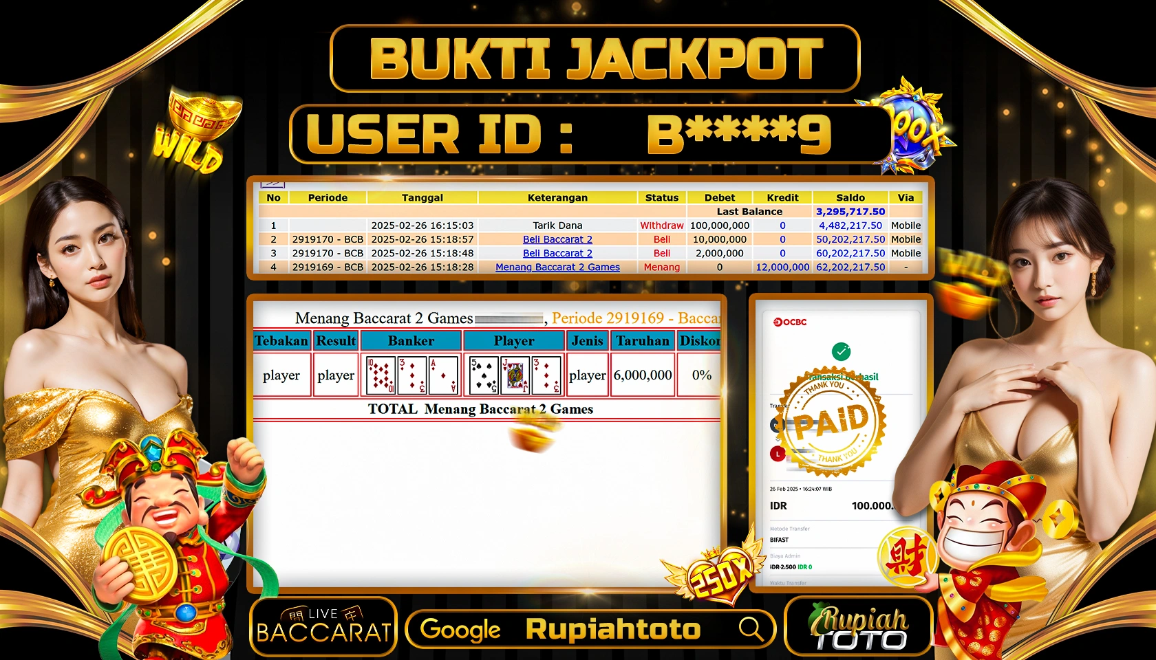 RUPIAHTOTO JACKPOT LIVE CASINO GAMES LIVE BACCARAT RP 100.000.000 RATUS JUTA LUNAS