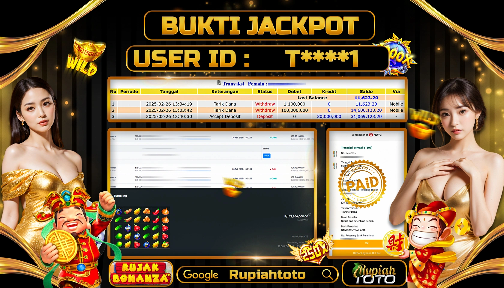 RUPIAHTOTO JACKPOT SLOT PRAGMATIC PLAY GAMES RUJAK BONANZA RP 100.000.000 RATUS JUTA LUNAS