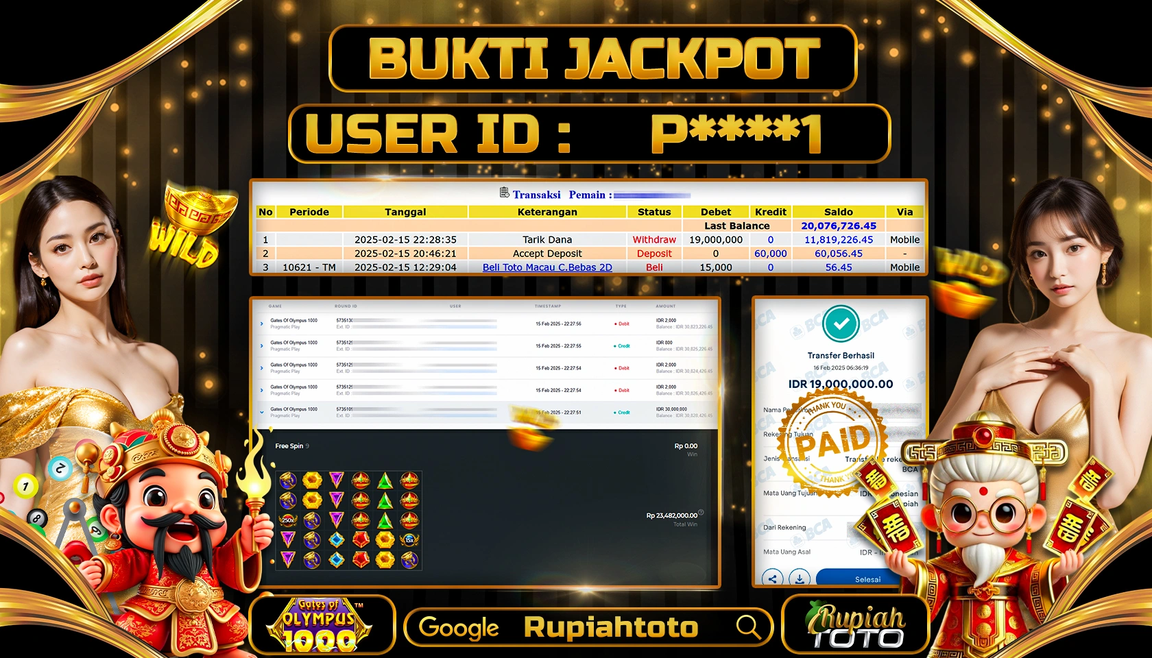 RUPIAHTOTO JACKPOT SLOT GAMES GATES OF OLYMPUS 1000 RP 19.000.000 JUTA LUNAS