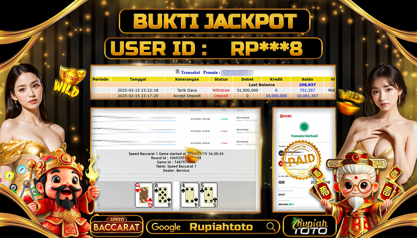 RUPIAHTOTO JACKPOT LIVE CASINO PRAGMATIC DEALER GAMES SPEED BACCARAT RP 31.000.000 JUTA LUNAS