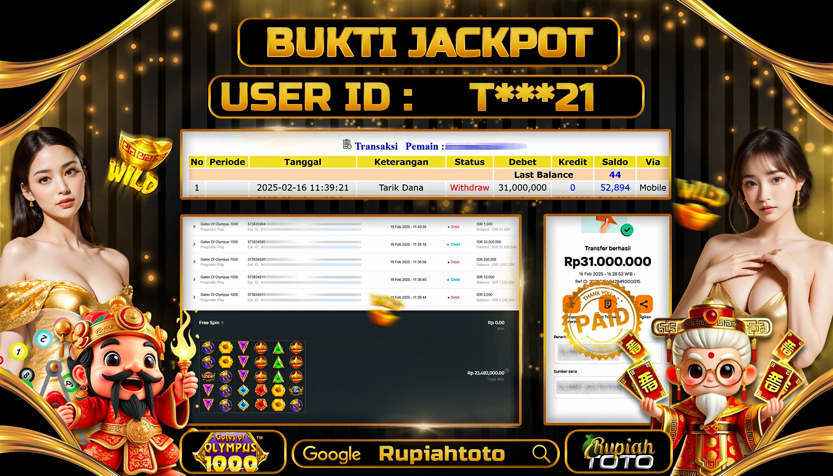 RUPIAHTOTO JACKPOT SLOT PRAGMATIC PLAY GAMES GATES OF OLYMPUS 1000 RP 31.000.000 JUTA LUNAS