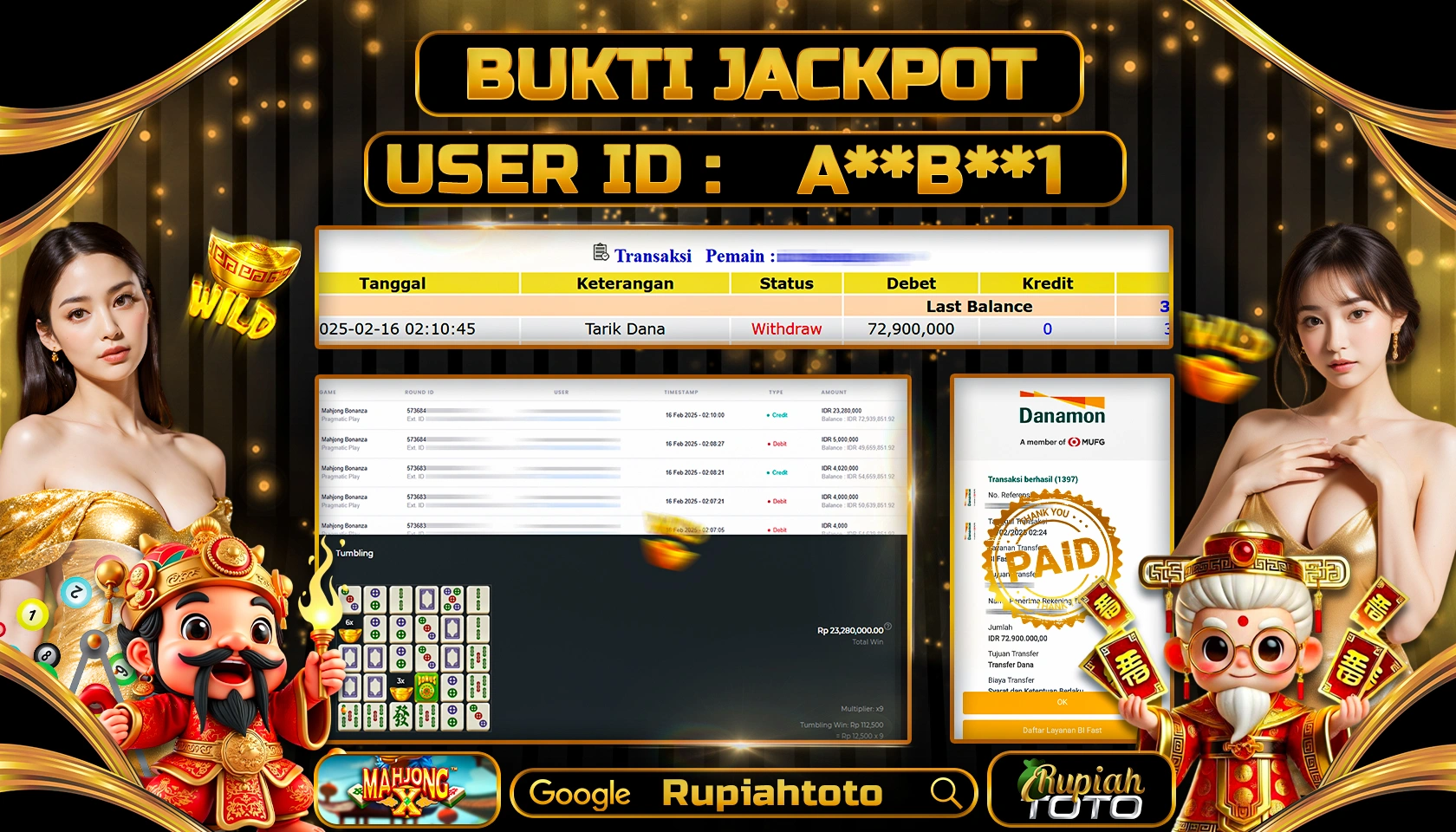 RUPIAHTOTO JACKPOT SLOT PRAGMATIC PLAY GAMES MAHJONG BONANZA RP 72.900.000 JUTA LUNAS