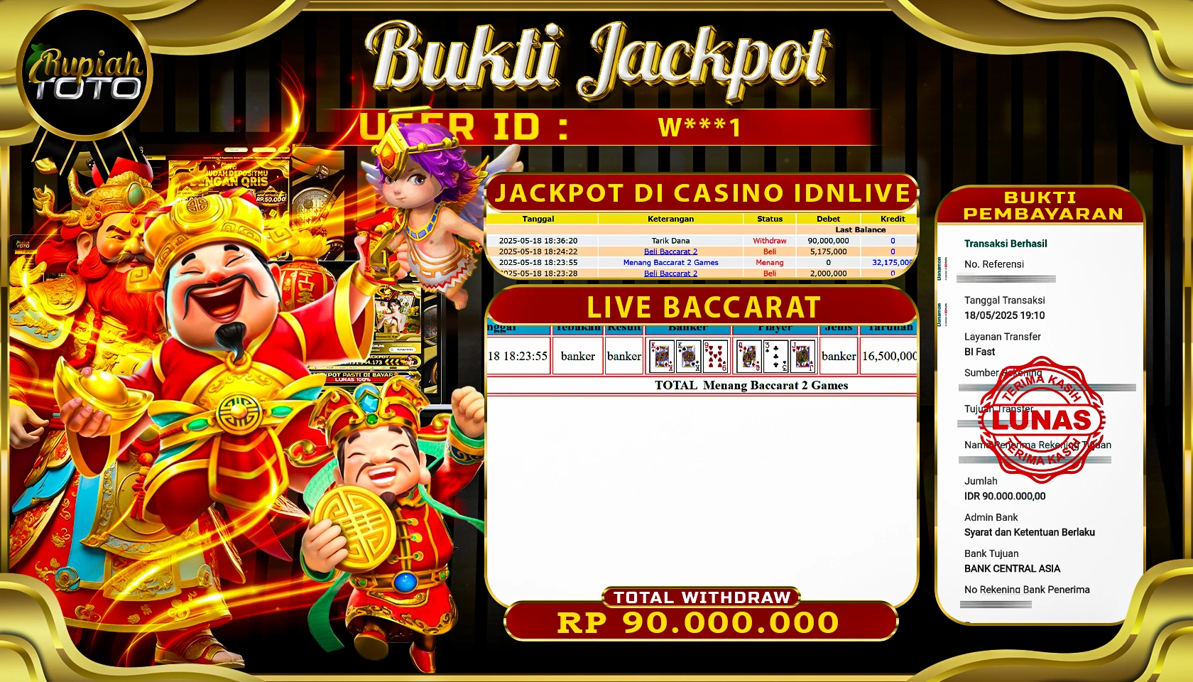 RUPIAHTOTO JACKPOT DI CASINO IDNLIVE GAME LIVE BACCARAT RP 90.000.000 JUTA RUPIAH LUNAS