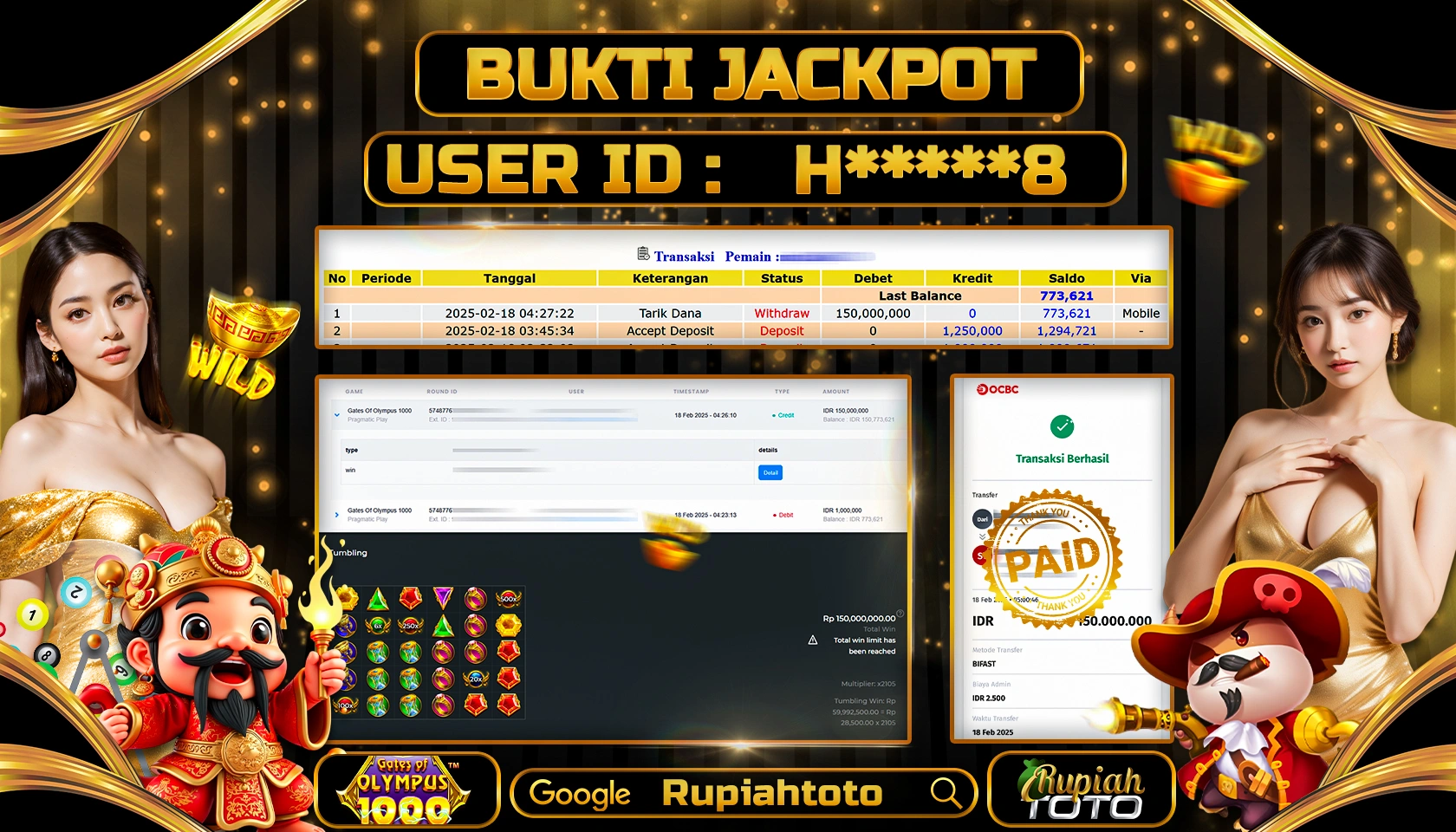 RUPIAHTOTO JACKPOT SLOT GAMES GATES OF OLYMPUS 1000 RP 150.000.000 RATUS JUTA LUNAS