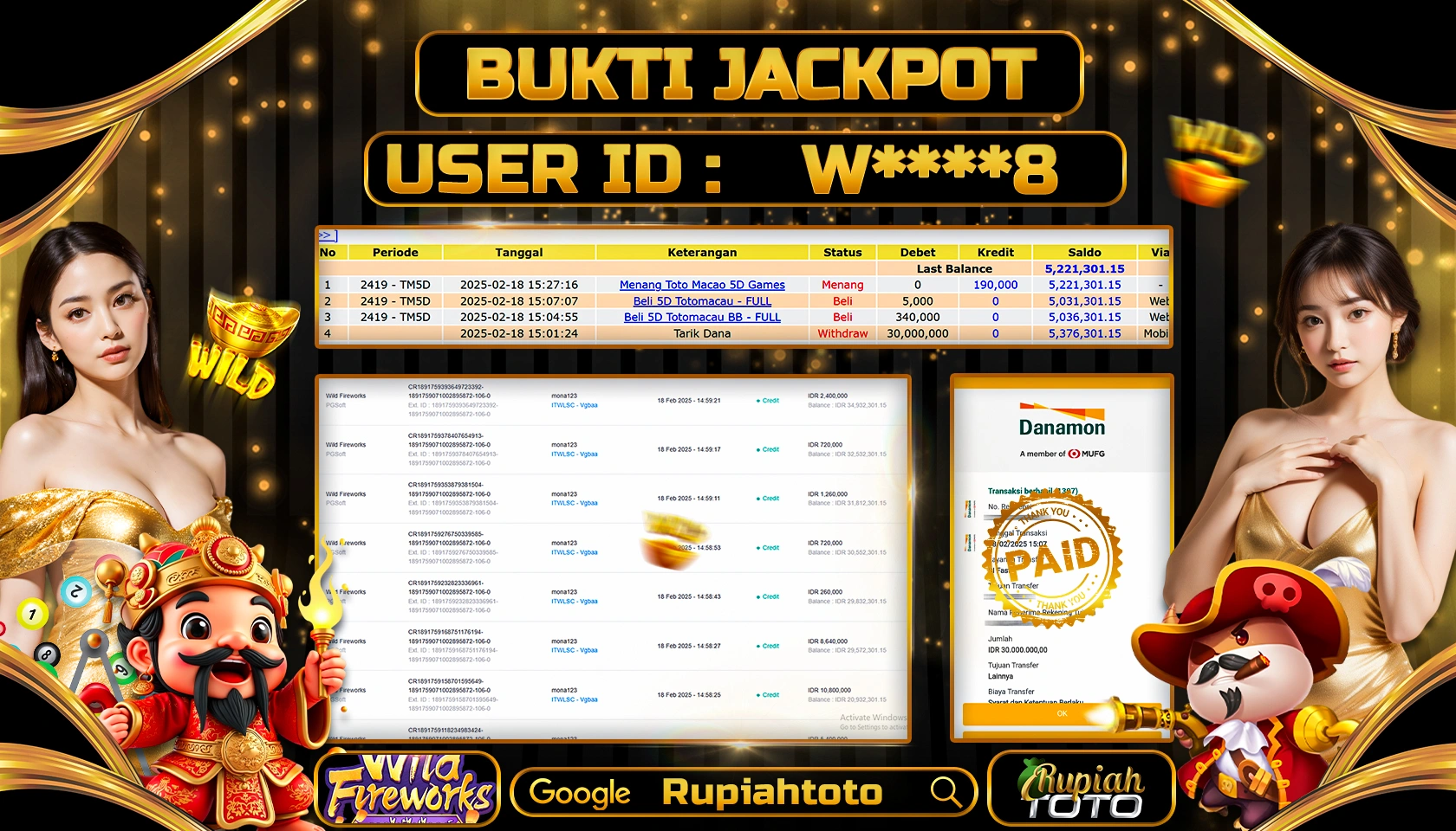 RUPIAHTOTO JACKPOT SLOT GAMES WILD FIREWORKS RP 30.000.000 JUTA LUNAS