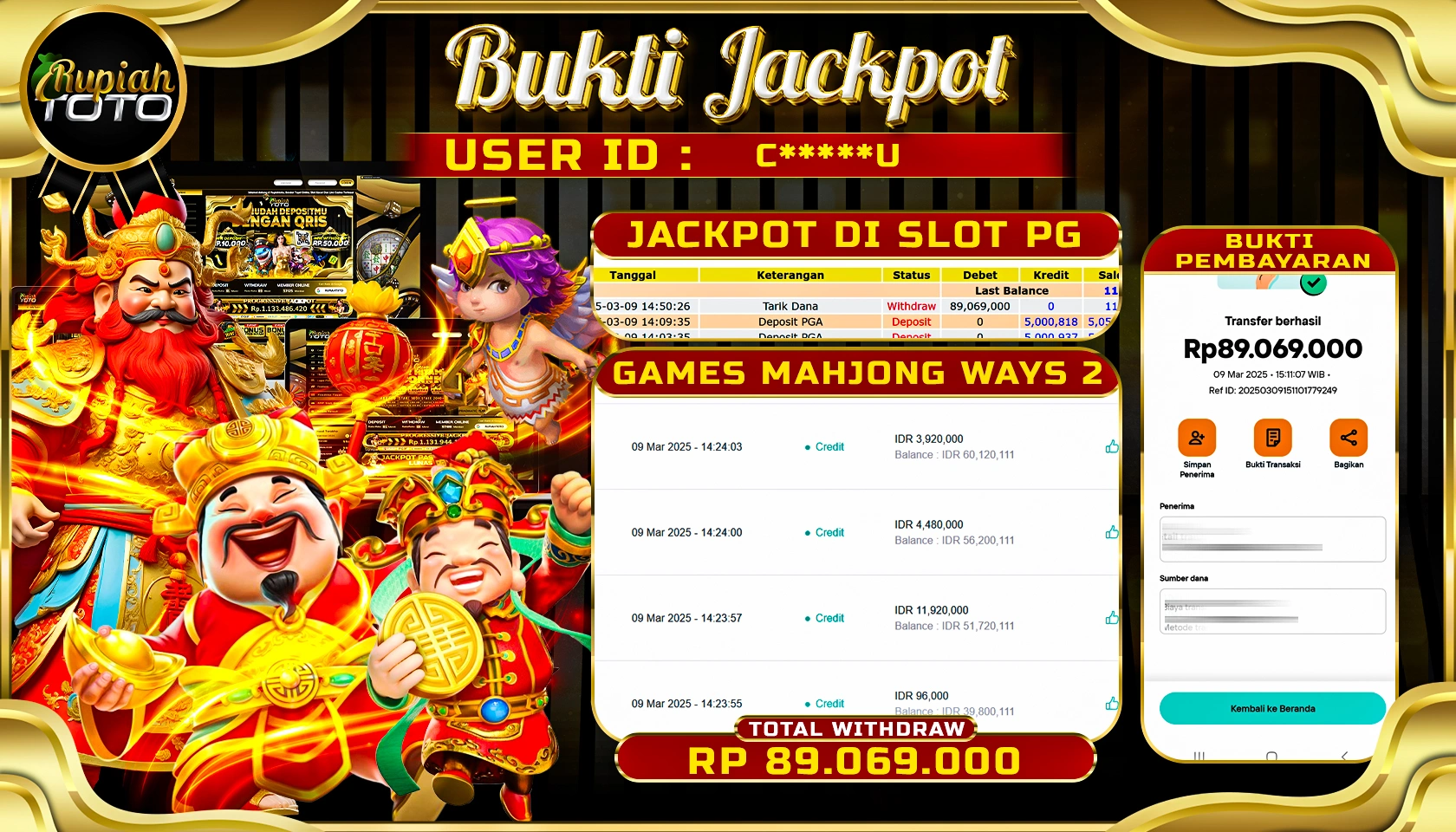 RUPIAHTOTO JACKPOT SLOT PG SOFT GAMES MAHJONG WAYS 2 RP 89.069.000 JUTA RUPIAH LUNAS