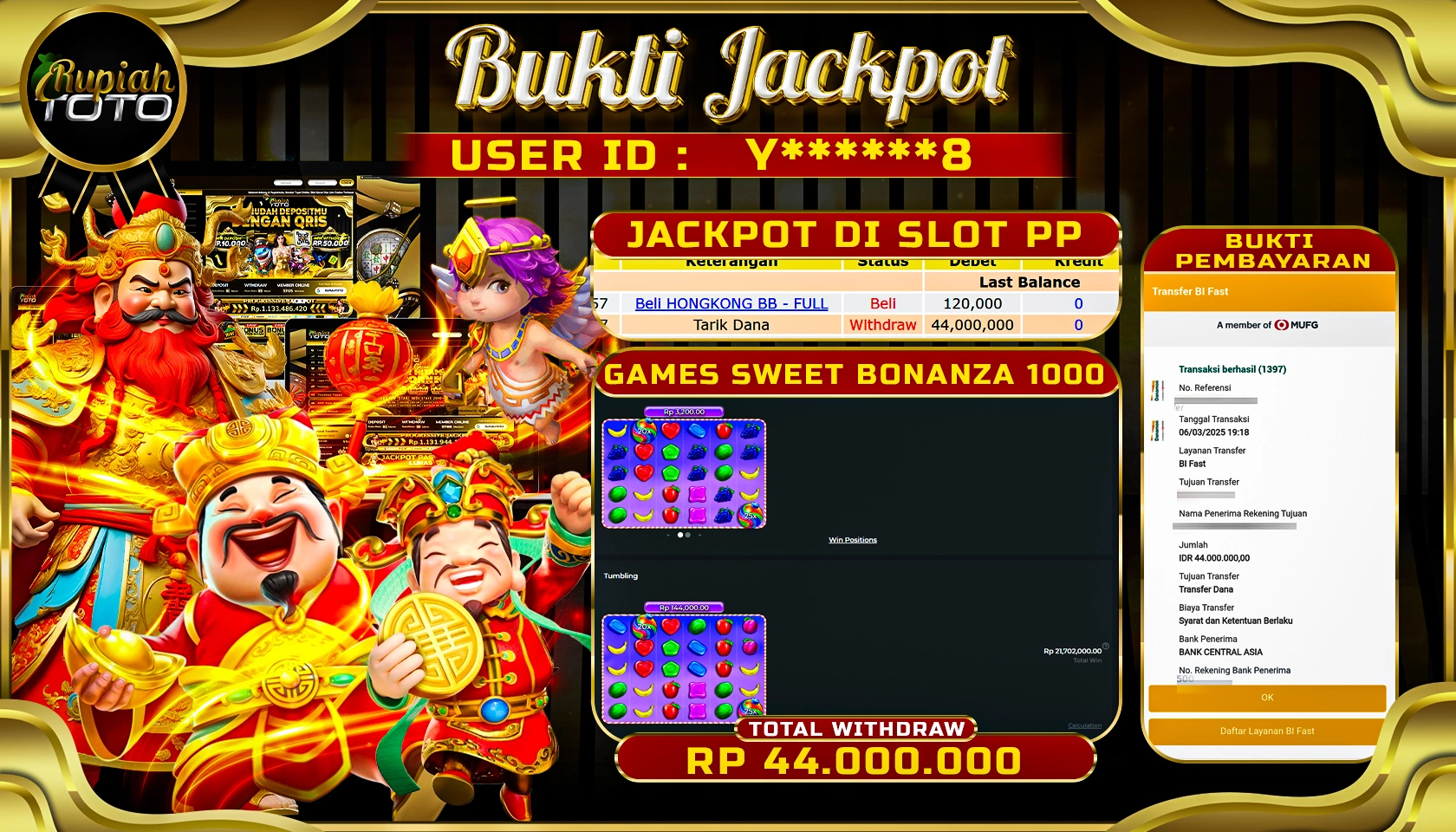 RUPIAHTOTO JACKPOT SLOT PRAGMATIC PLAY GAMES SWEET BONANZA 1000 RP 44.000.000 JUTA LUNAS