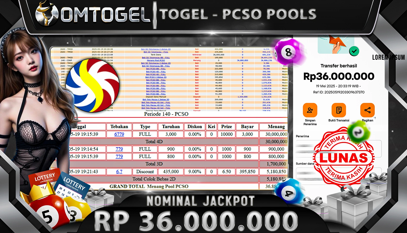 OMTOGEL JACKPOT TOTO PSCO  Rp 36.000.000, - LUNAS 