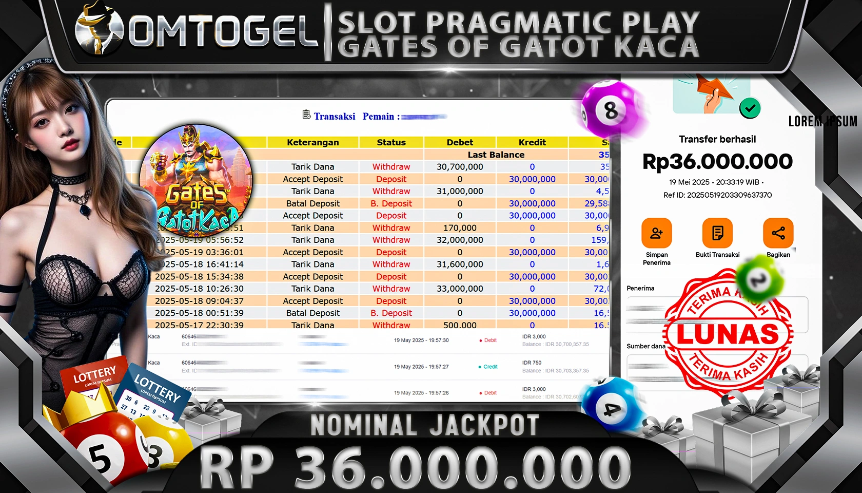 OMTOGEL JACKPOT PRAGMATIC PLAY GAME GATOT KACA  Rp 36.000.000, - LUNAS 