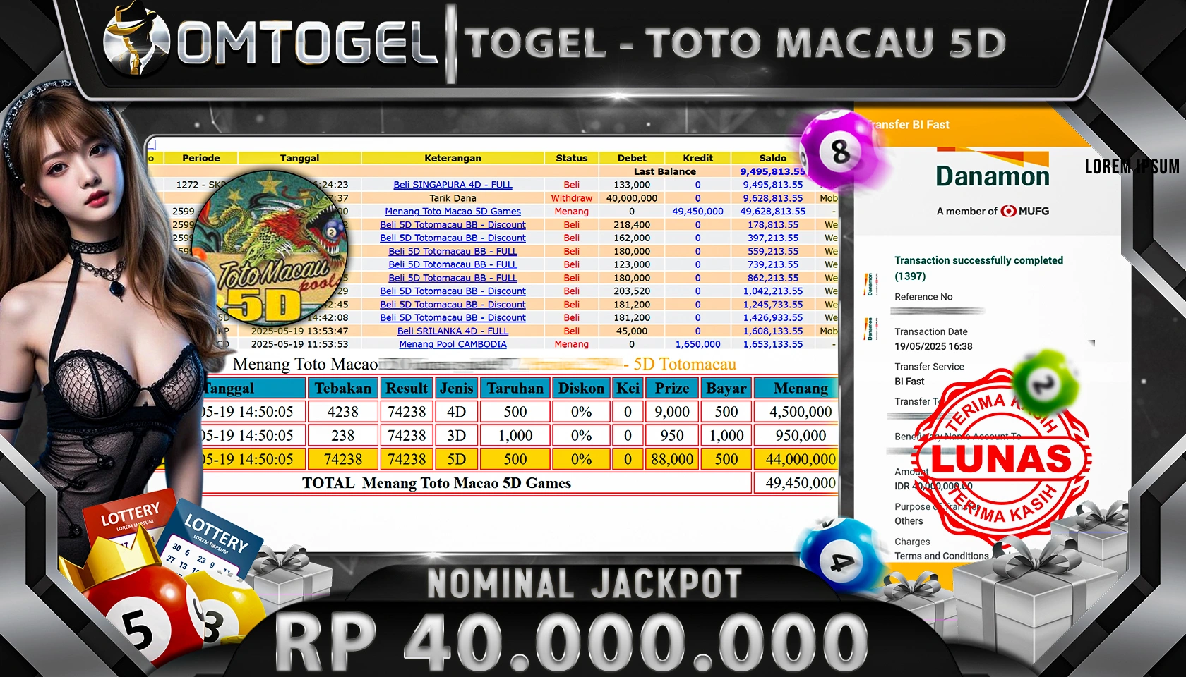 OMTOGEL JACKPOT TOTOMACAU 5D Rp 40.000.000, - LUNAS 
