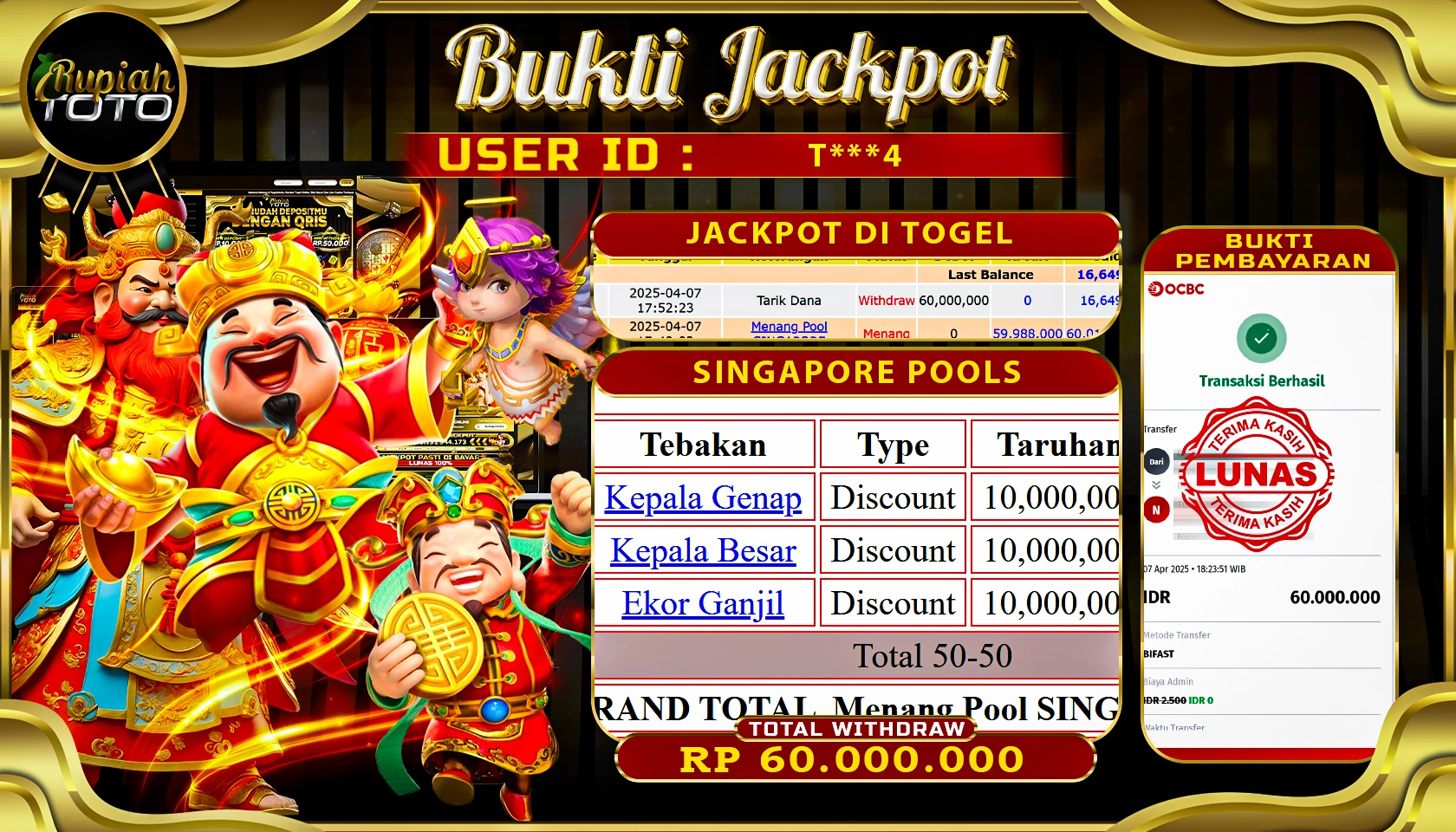 RUPIAHTOTO JACKPOT DI TOGEL PASARAN SINGAPORE POOLS RP 60.000.000 JUTA RUPIAH LUNAS