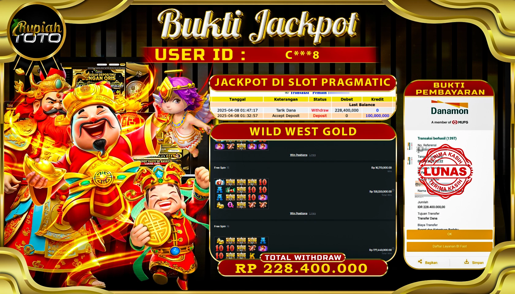 RUPIAHTOTO JACKPOT DI SLOT PRAGMATIC PLAY GAMES WILD WEST GOLD RP 228.400.000 JUTA RUPIAH LUNAS