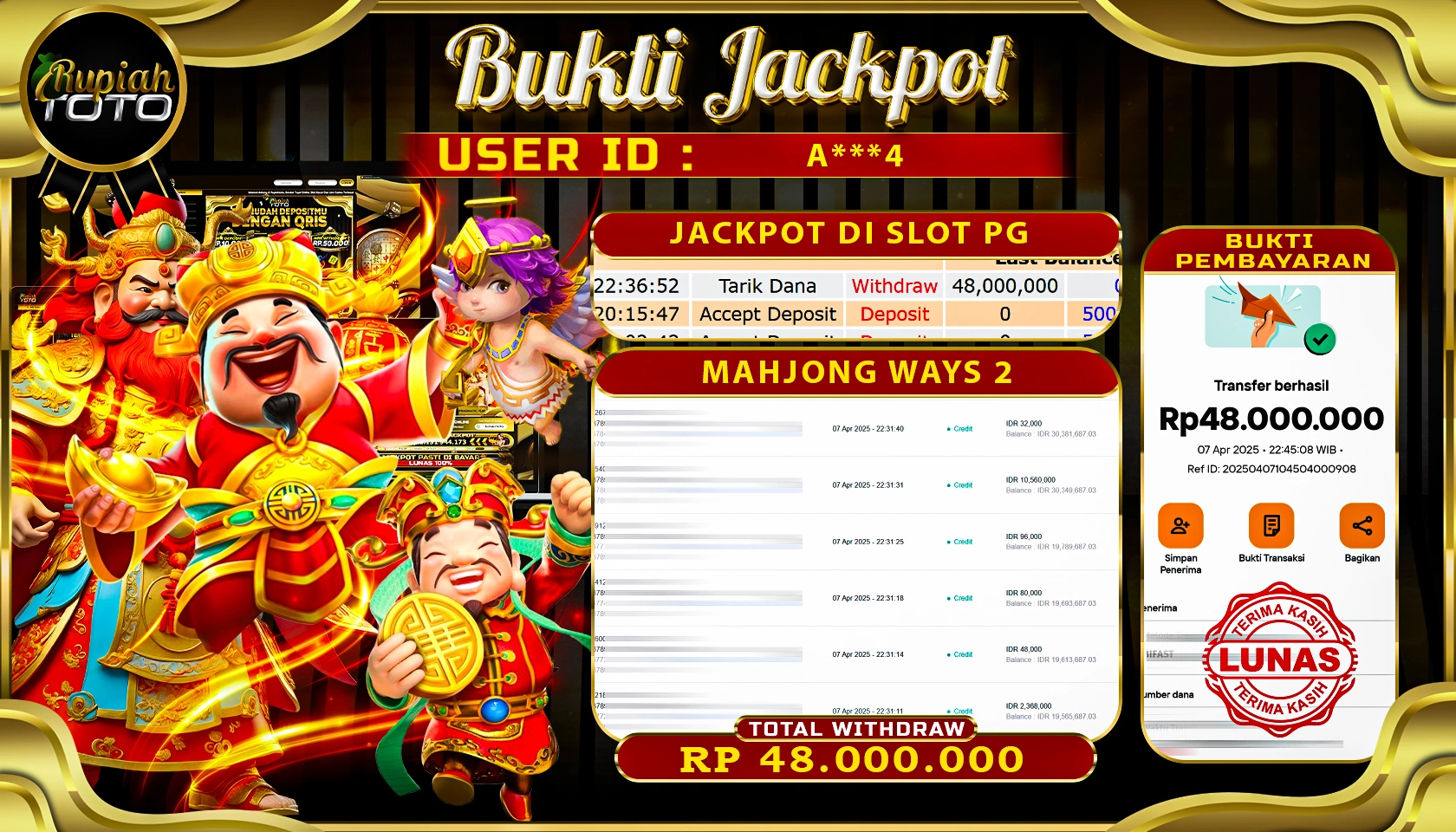 RUPIAHTOTO JACKPOT DI SLOT PG SOFT GAMES MAHJONG WAYS 2 RP 48.000.000 JUTA RUPIAH LUNAS