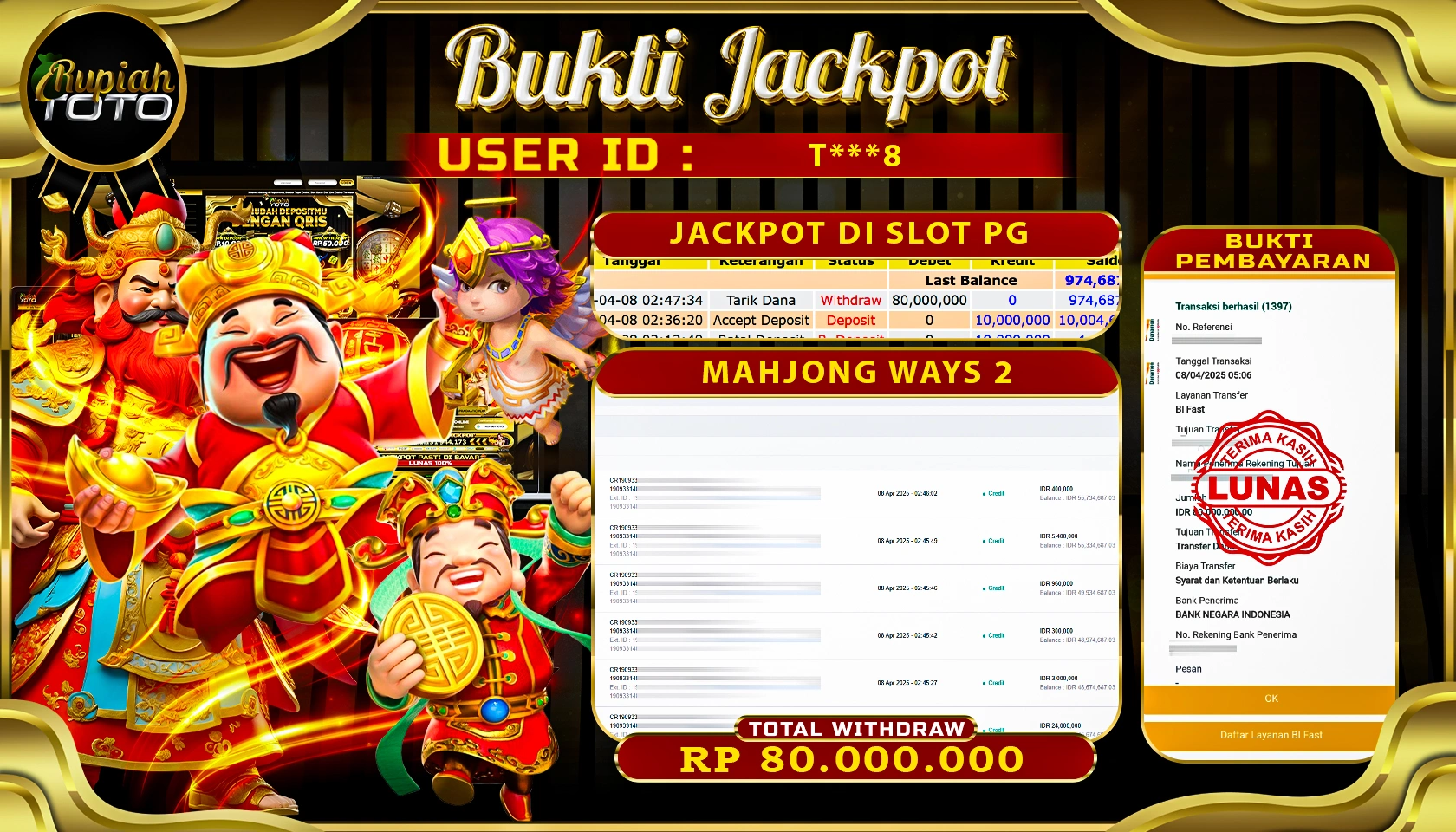 RUPIAHTOTO JACKPOT DI SLOT PG SOFT GAMES MAHJONG WAYS 2 RP 80.000.000 JUTA RUPIAH LUNAS