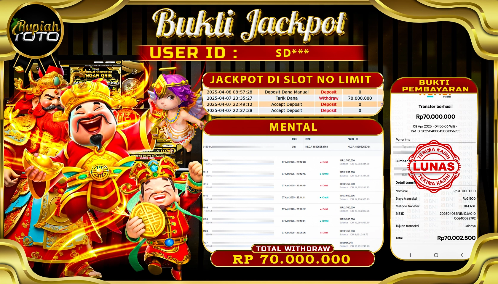 RUPIAHTOTO JACKPOT DI SLOT NO LIMIT GAMES MENTAL RP 70.000.000 JUTA RUPIAH LUNAS