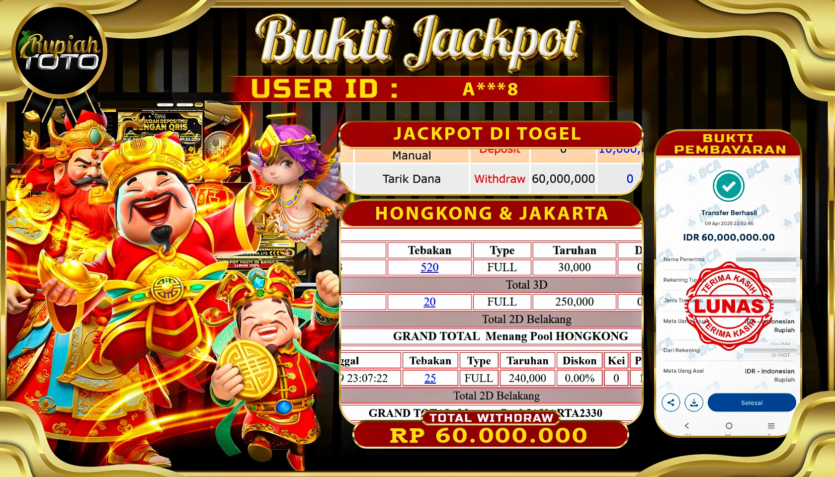 RUPIAHTOTO JACKPOT DI TOGEL PASARAN HONGKONG RP 60.000.000 JUTA RUPIAH LUNAS