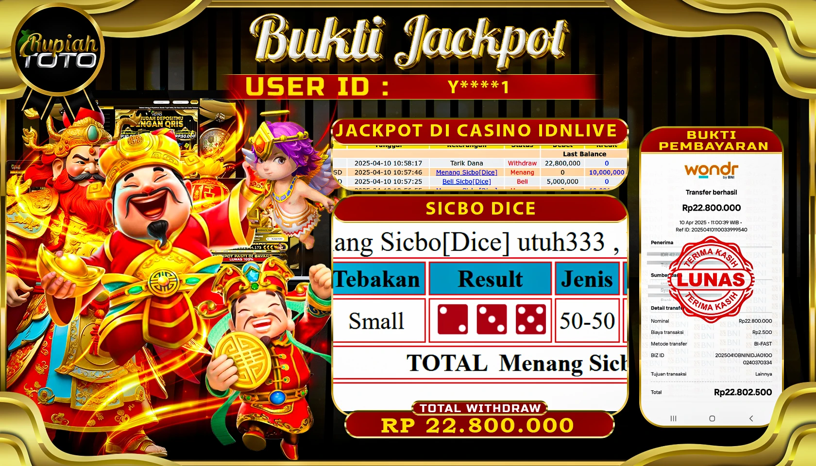 RUPIAHTOTO JACKPOT DI CASINO IDNLIVE GAMES SICBO DICE RP 22.800.000 JUTA RUPIAH LUNAS