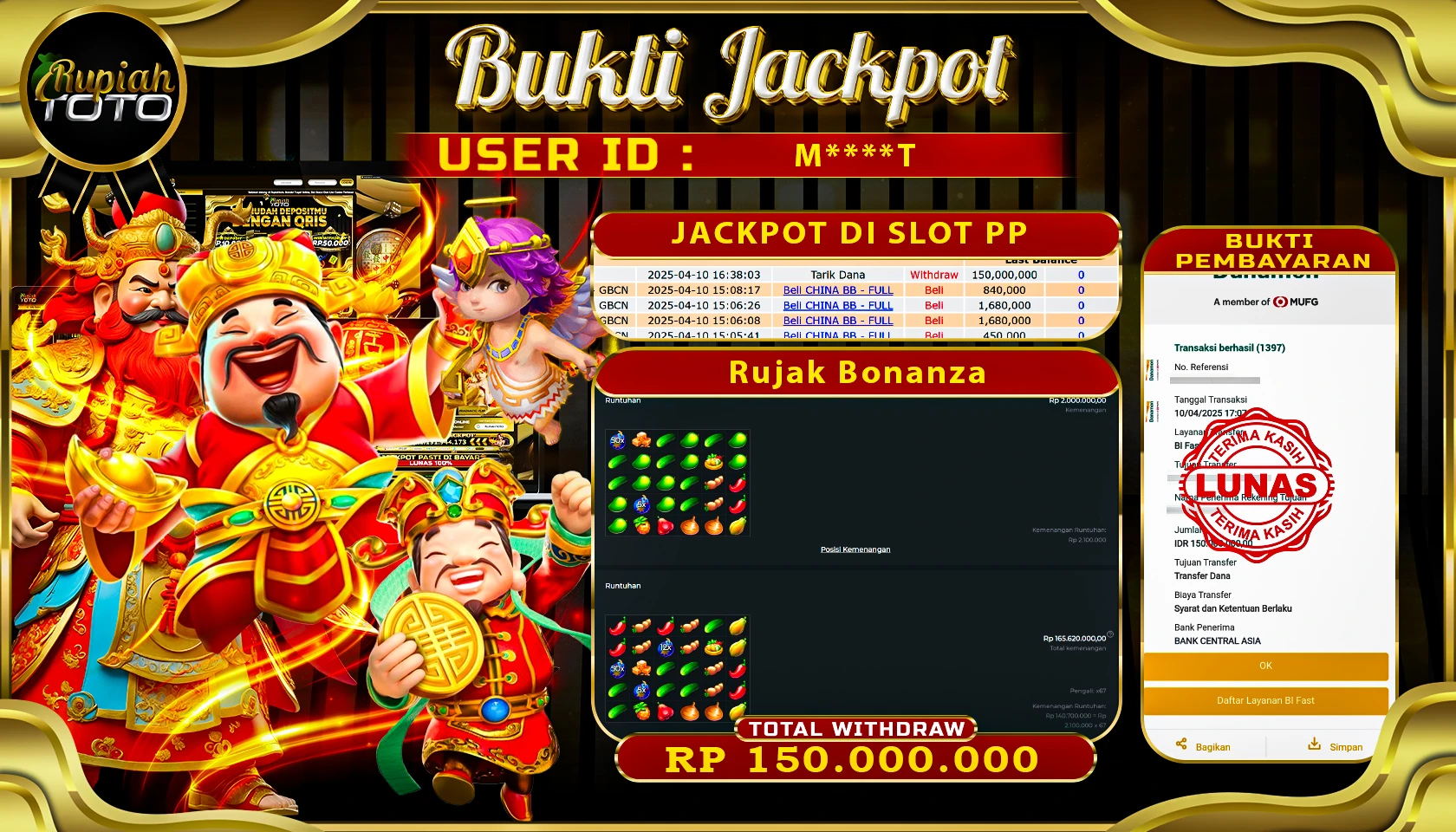 RUPIAHTOTO JACKPOT DI SLOT PRAGMATIC PLAY GAMESS RUJAK BONANZA  RP 150.000.000 JUTA RUPIAH LUNAS
