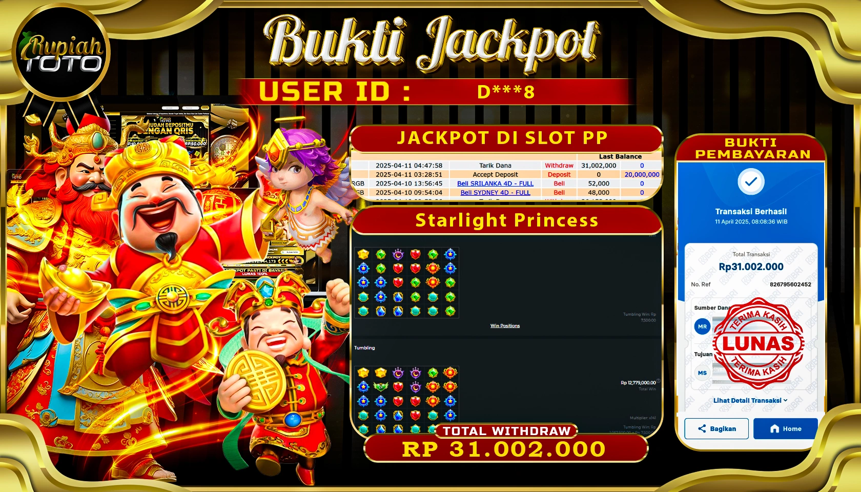 RUPIAHTOTO JACKPOT DI SLOT PRAGMATIC PLAY GAMES STARLIGHT PRINCESS  RP 31.002.000 JUTA RUPIAH LUNAS