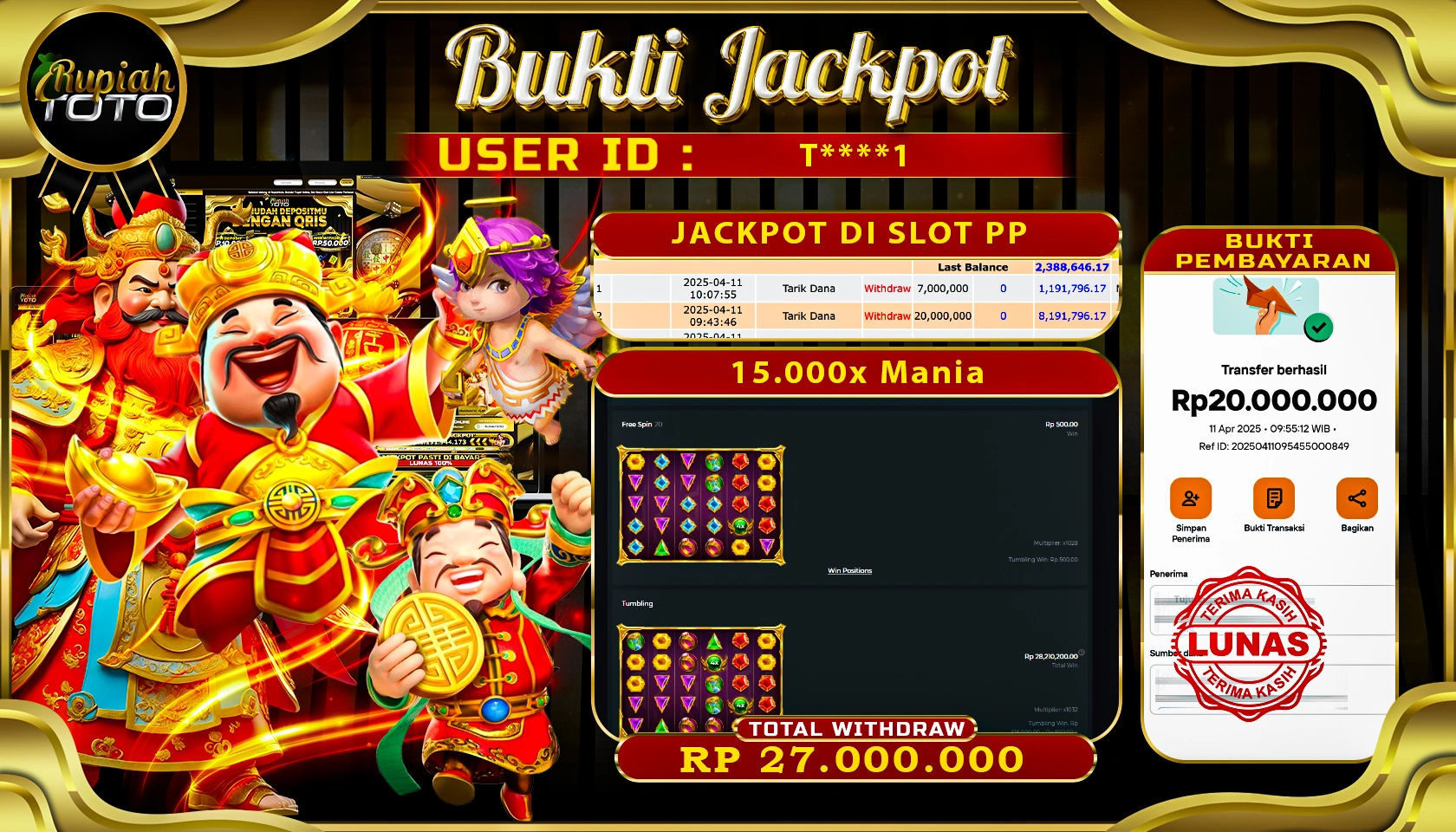 RUPIAHTOTO JACKPOT DI SLOT PRAGMATIC PLAY GAMES 15.000X MANIA  RP 27.000.000 JUTA RUPIAH LUNAS
