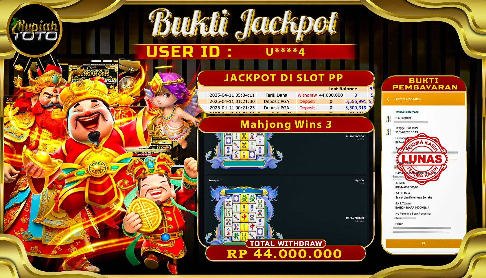 RUPIAHTOTO JACKPOT DI SLOT PRAGMATIC PLAY GAMES MAHJONG WINS 3  RP 44.000.000 JUTA RUPIAH LUNAS