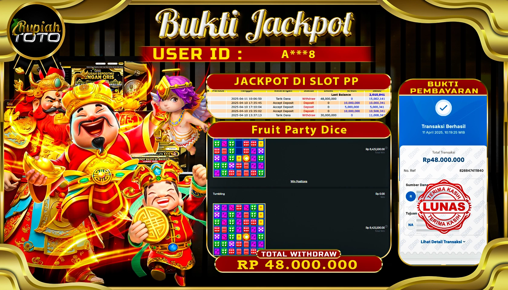 RUPIAHTOTO JACKPOT DI SLOT PRAGMATIC PLAY GAMES  FRUIT PARTY DICE RP 48.000.000 JUTA RUPIAH LUNAS