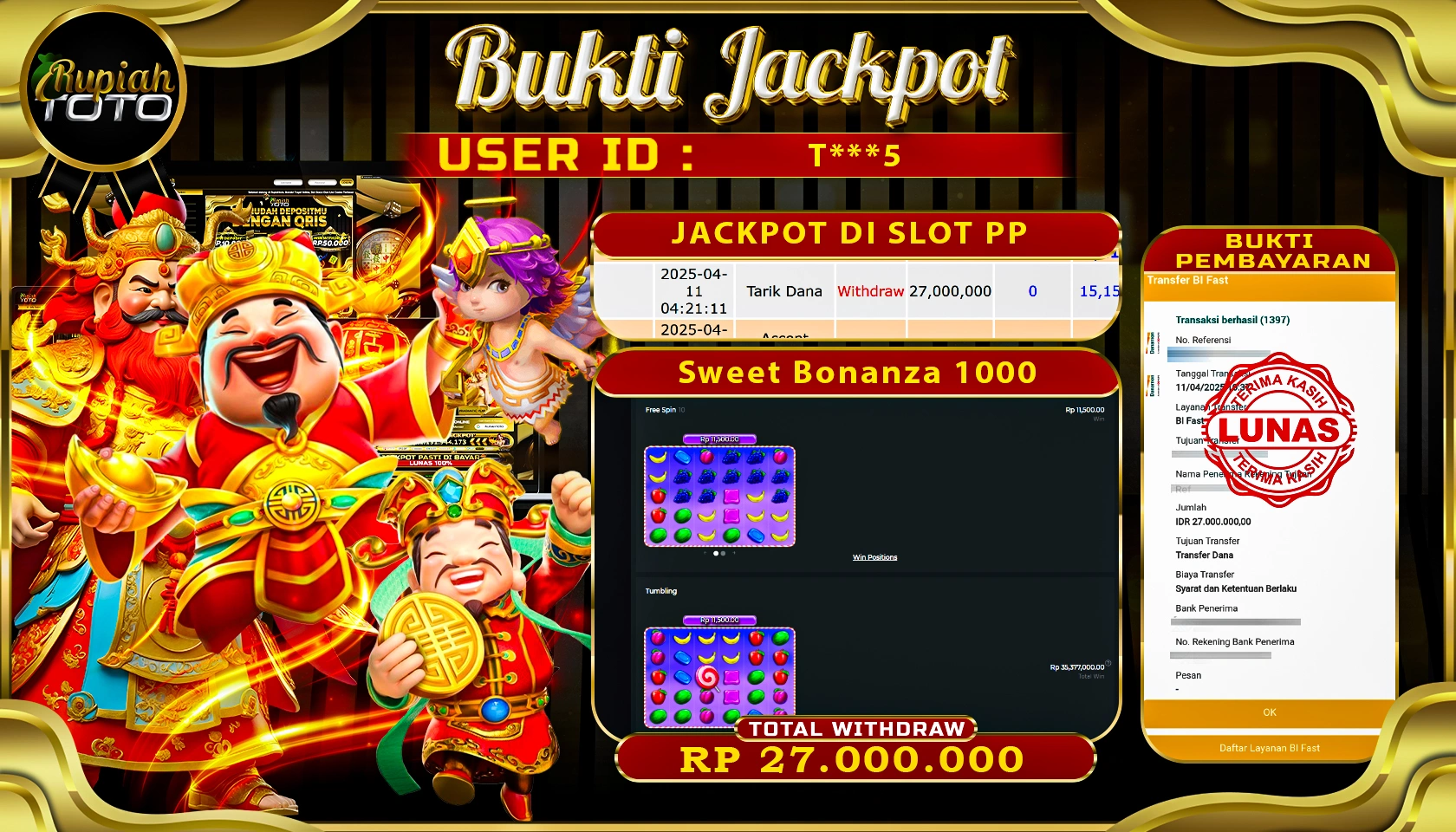 RUPIAHTOTO JACKPOT DI SLOT PRAGMATIC PLAY SWEET BONANZA 1000 RP 27.000.000 JUTA RUPIAH LUNAS