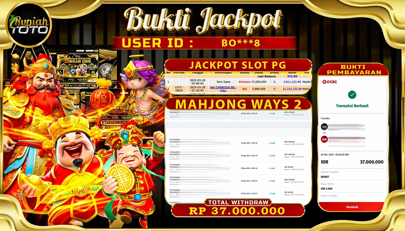 RUPIAHTOTO JACKPOT DI SLOT PG SOFT GAMES MAHJONG WAYS 2 RP 37.000.000 JUTA RUPIAH LUNAS