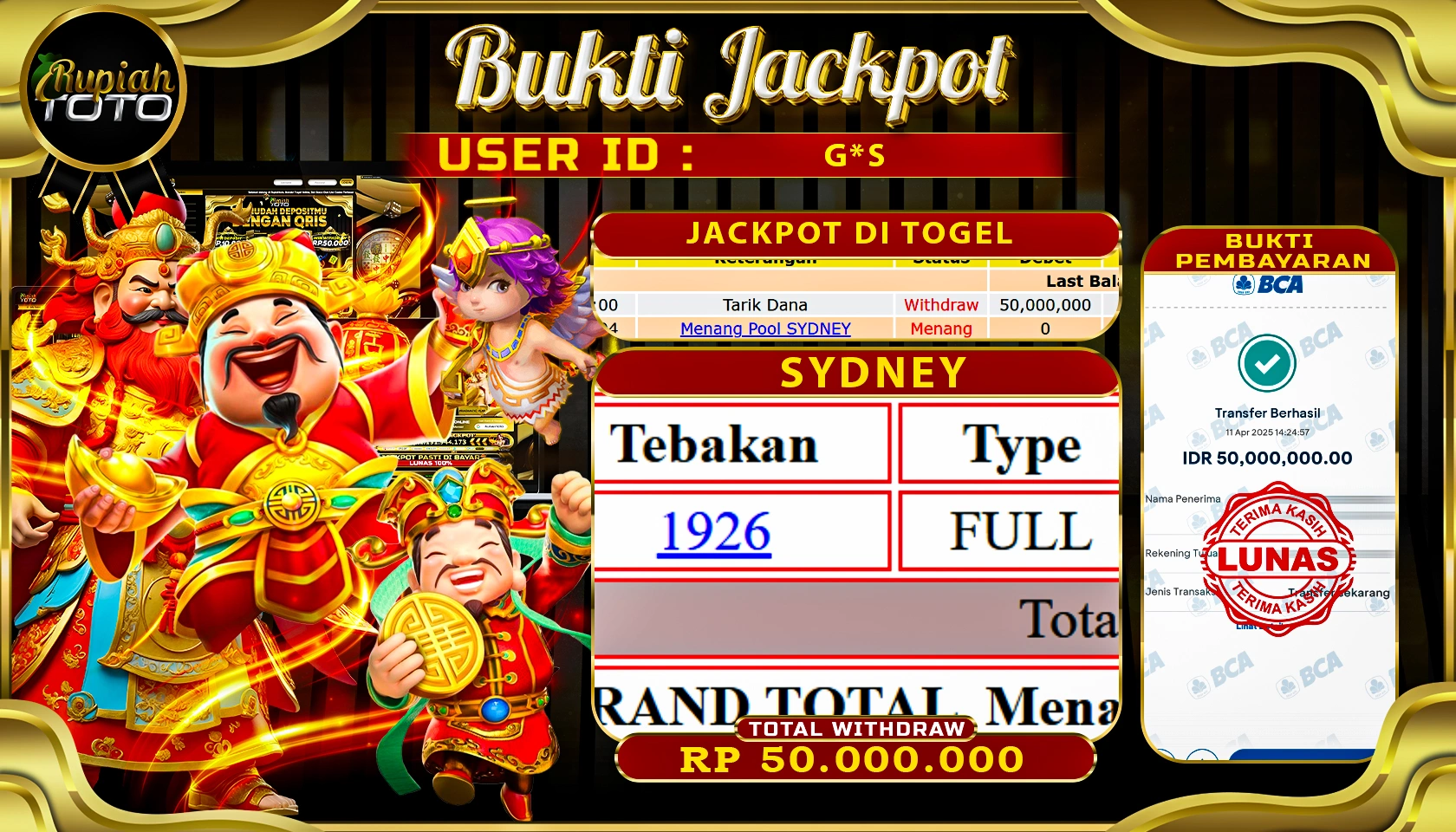 RUPIAHTOTO JACKPOT DI TOGEL PASARAN SYDNEY  RP 50.000.000 JUTA RUPIAH LUNAS