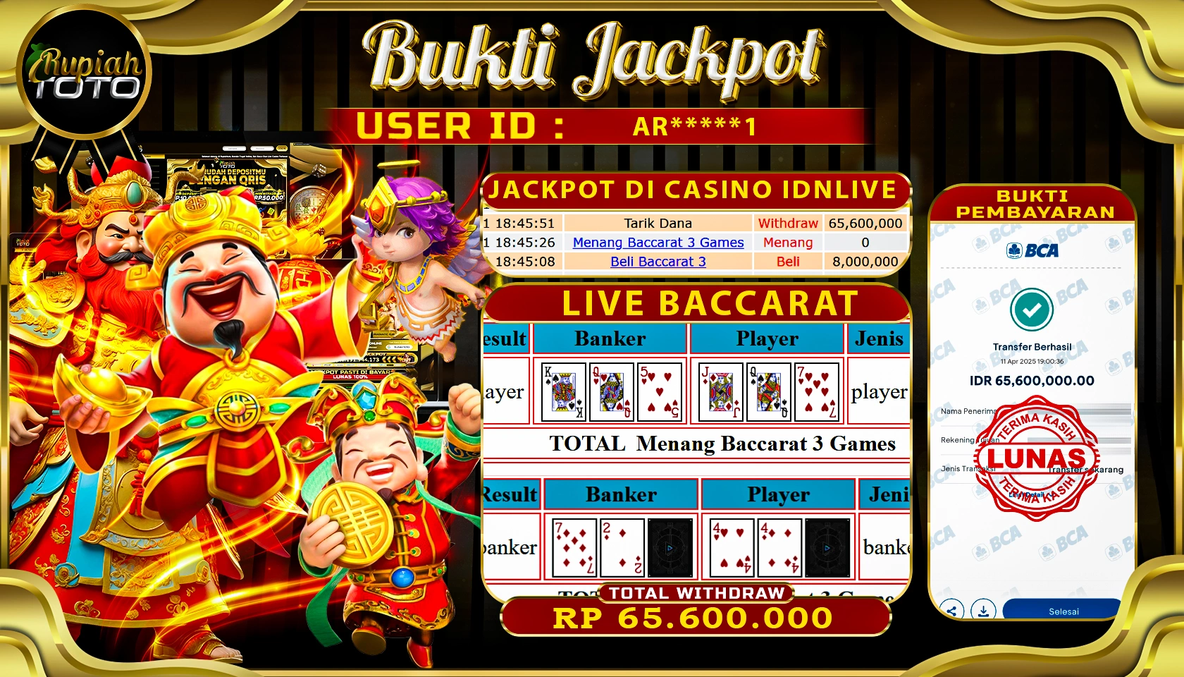 RUPIAHTOTO JACKPOT DI CASINO IDNLIVE GAMES LIVE BACCARAT RP 65.600.000 JUTA RUPIAH LUNAS