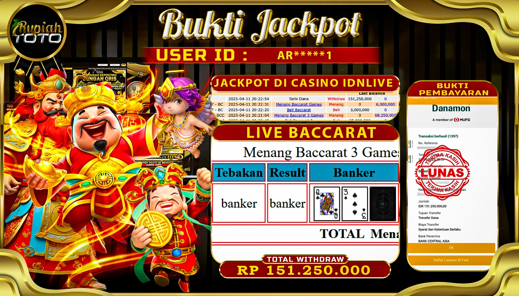 RUPIAHTOTO JACKPOT DI CASINO IDNLIVE GAMES LIVE BACCARAT RP 151.250.000 JUTA RUPIAH LUNAS