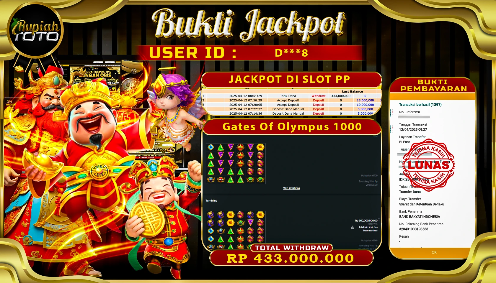 RUPIAHTOTO JACKPOT DI SLOT PRAGMATIC PLAY GAMES GATES OF OLYMPUS 1000 RP 433.000.000 JUTA RUPIAH LUNAS