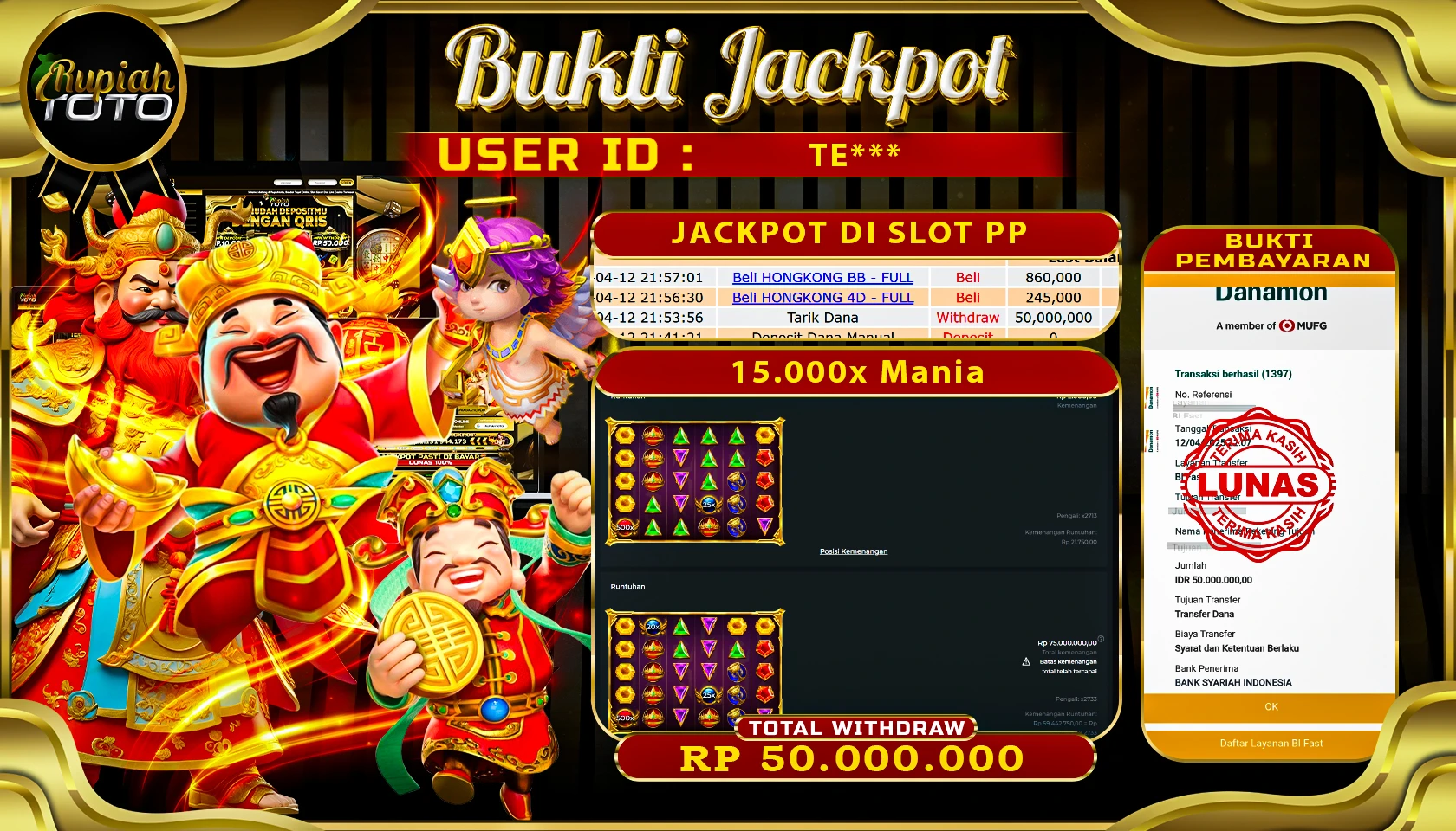 RUPIAHTOTO JACKPOT DI SLOT PRAGMATIC PLAY GAMES 15.000 X MANIA RP 50.000.000 JUTA RUPIAH LUNAS