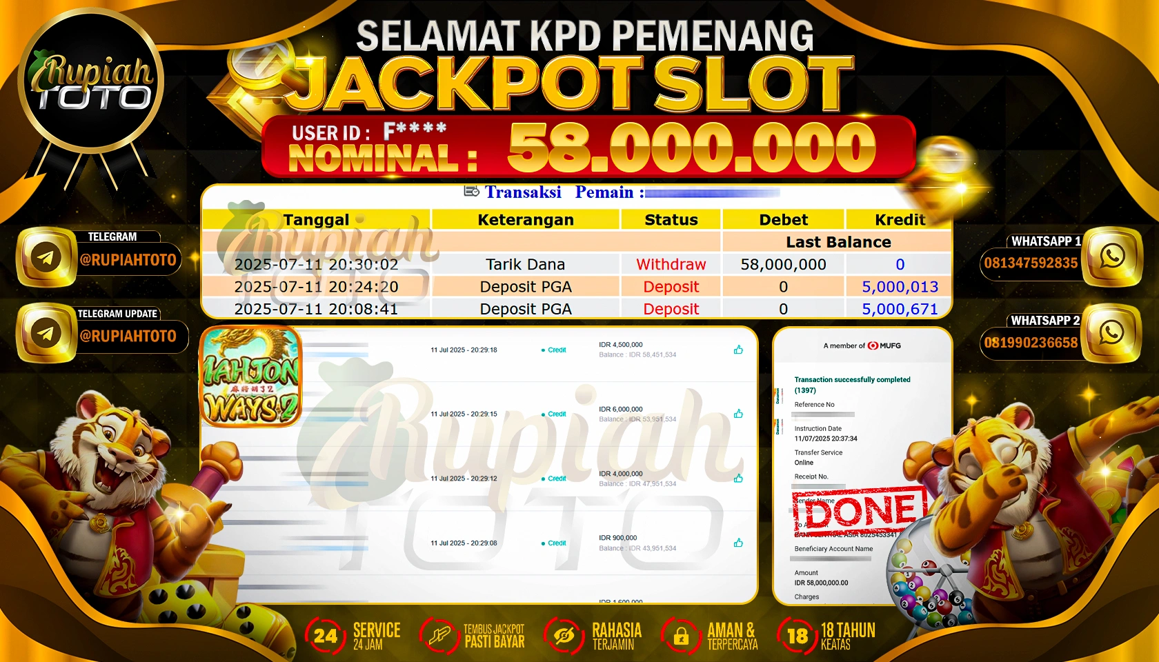 RUPIAHTOTO JACKPOT SLOT DI PG SOFT GAMES MAHJONG WAYS 2 RP 58.000.000 JUTA RUPIAH LUNAS