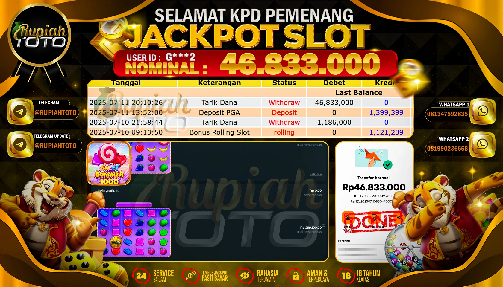 RUPIAHTOTO JACKPOT SLOT DI PRAGMATIC PLAY GAMES SWEET BONANZA 1000 RP 46.833.000 JUTA RUPIAH LUNAS