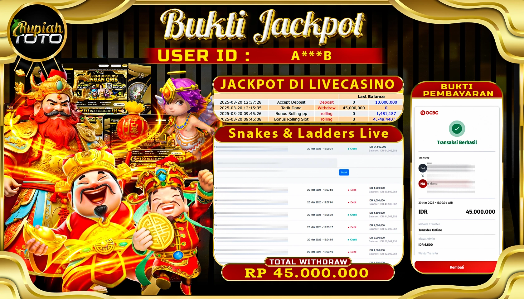 RUPIAHTOTO JACKPOT DI LIVE CASINO GAMES SNAKERS & LADDERS LIVE RP 45.000.000 JUTA RUPIAH LUNAS