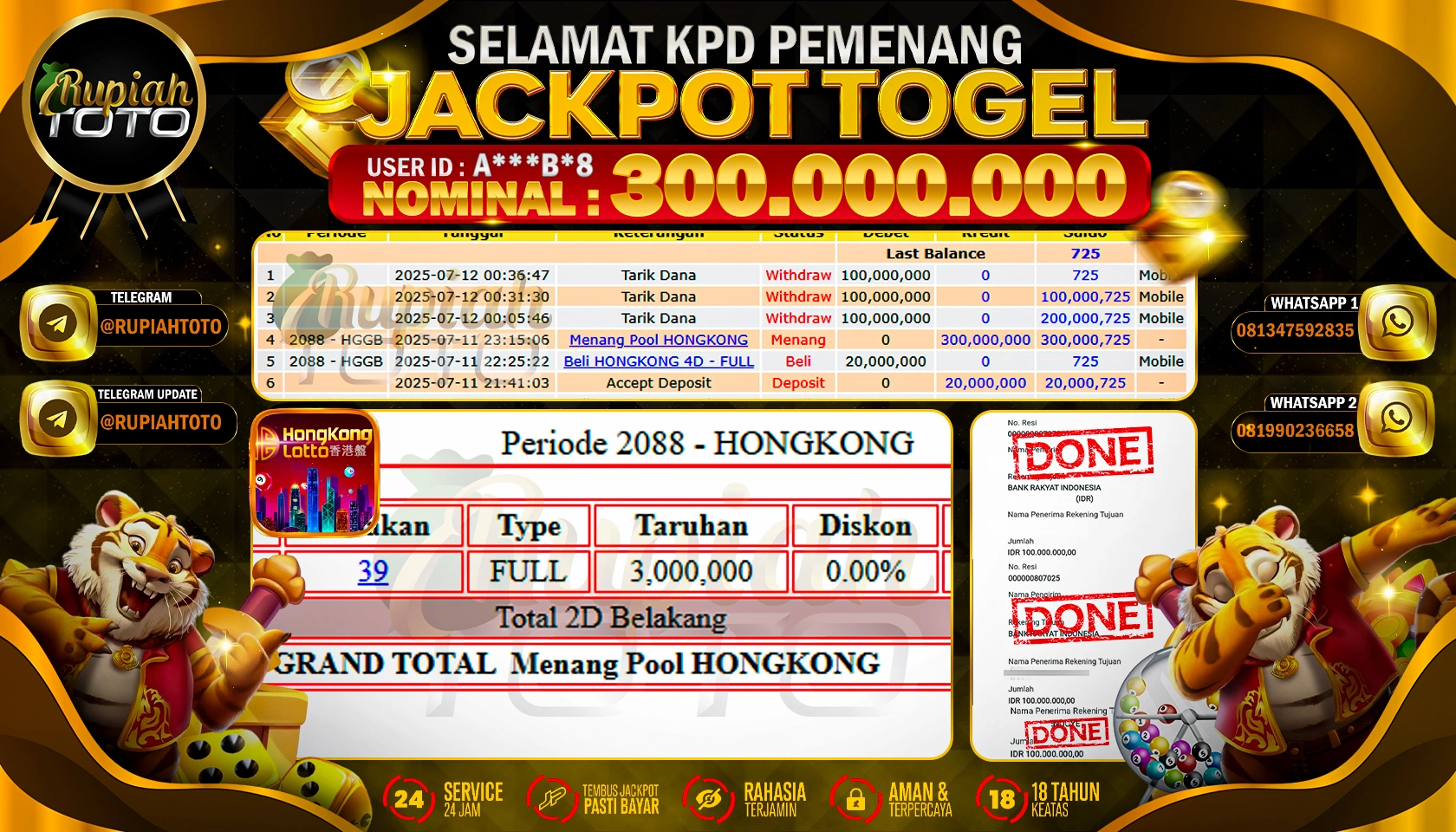 RUPIAHTOTO JACKPOT TOGEL DI PASARAN HONGKONG LOTTO RP 300.000.000 JUTA RUPIAH LUNAS
