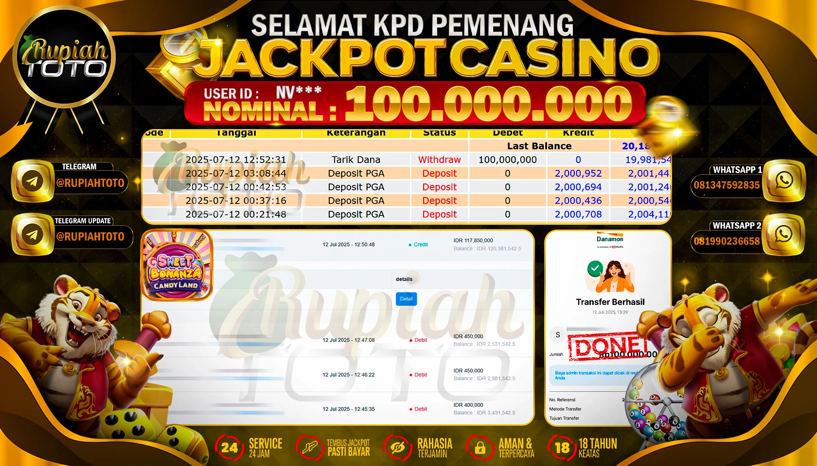 RUPIAHTOTO JACKPOT DI CASINO PRAGMATIC PLAY GAMES SWEET BONANZA CANDY LAND  RP 100.000.000 JUTA RUPIAH LUNAS