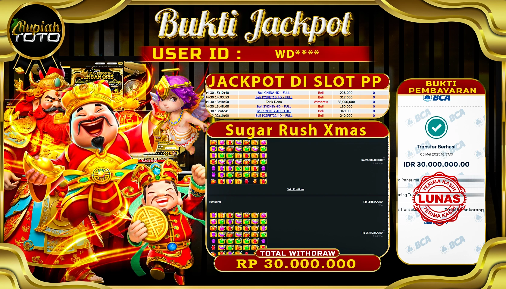 RUPIAHTOTO JACKPOT DI SLOT PRAGMATIC PLAY GAME SUGAR RUSH XMAS  RP 30.000.000 JUTA RUPIAH LUNAS