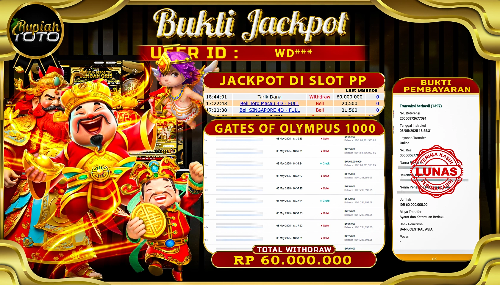 RUPIAHTOTO JACKPOT DI SLOT PRAGMATIC PLAY GAME GATE OF OLYMPUS 1000 RP 60.000.000 JUTA RUPIAH LUNAS